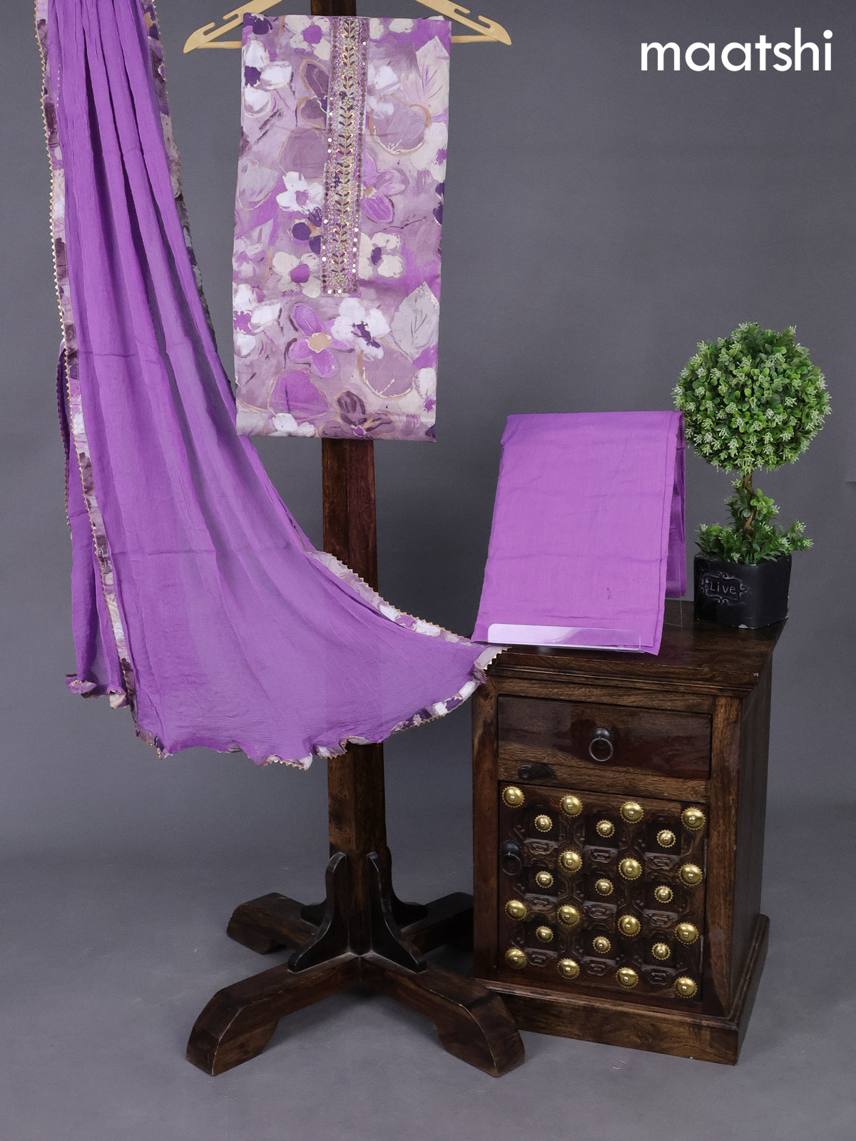Cotton dress material lavender shade and beige with allover prints & embroidery patch work neck pattern and bottom & chiffon dupatta