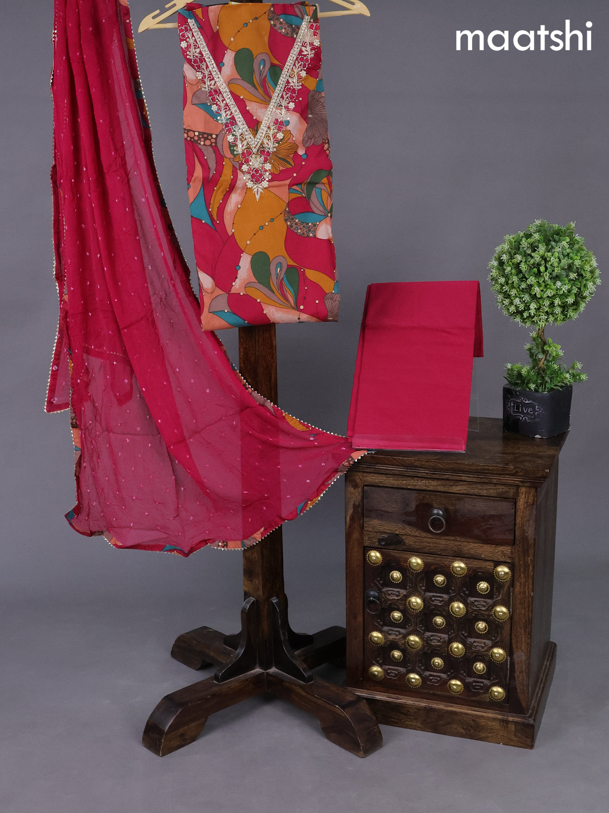 Cotton dress material maroon and multi colour with allover prints & embroidery zardosi work neck pattern and bottom & chiffon dupatta