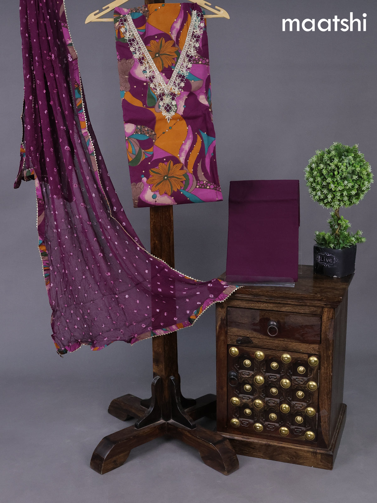 Cotton dress material deep purple and multi colour with allover prints & embroidery zardosi work neck pattern and bottom & chiffon dupatta
