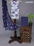 Cotton dress material off white and deep navy blue with allover floral prints & lace work neck pattern and bottom & chiffon dupatta