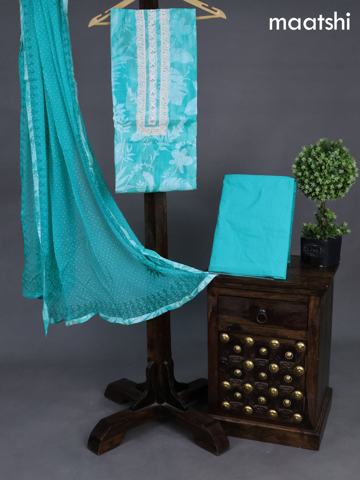 Cotton dress material light blue with allover prints & lace work neck pattern and bottom & chiffon dupatta