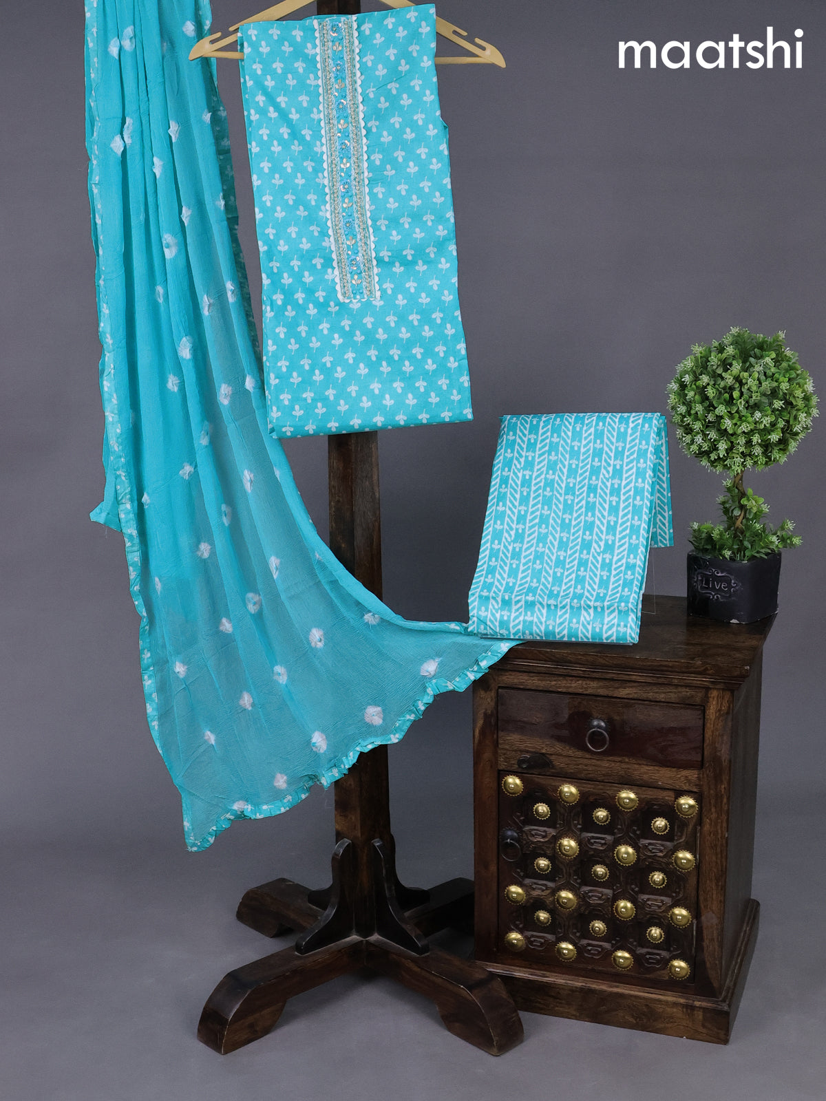 Cotton dress material light blue and off white with allover butta prints & embroidery zardosi work neck pattern and bottom & chiffon dupatta