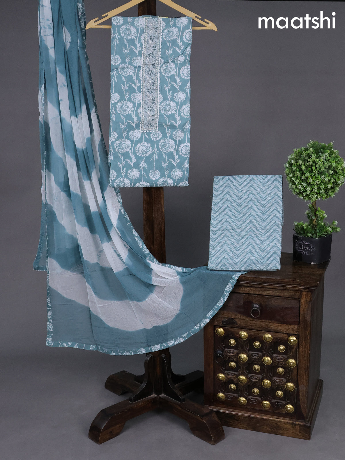 Cotton dress material greyish green shade and off white with allover prints & lace work neck pattern and bottom & chiffon dupatta