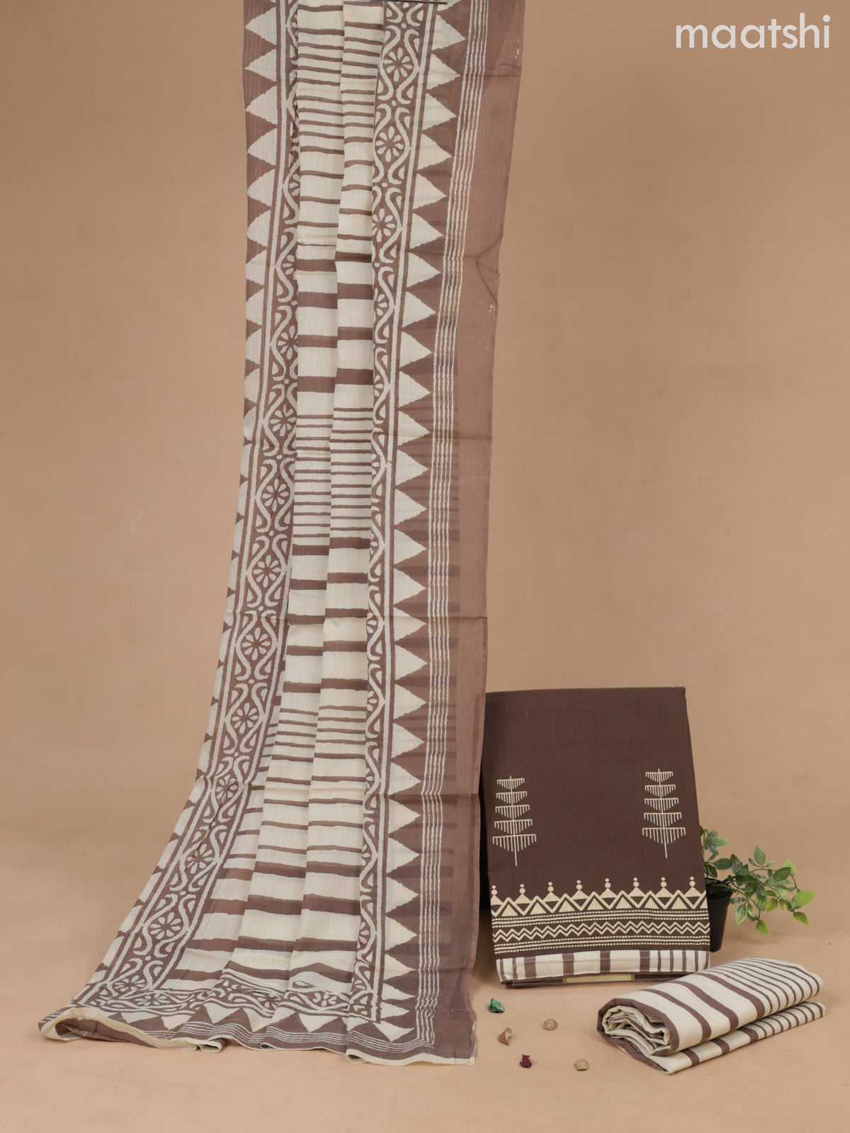 Cotton dress material brown and cream with butta prints and bottom & printed dupatta