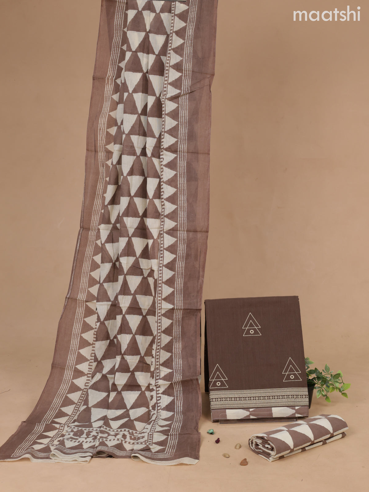 Cotton dress material brown and cream with geometric butta prints and bottom & geometric printed dupatta