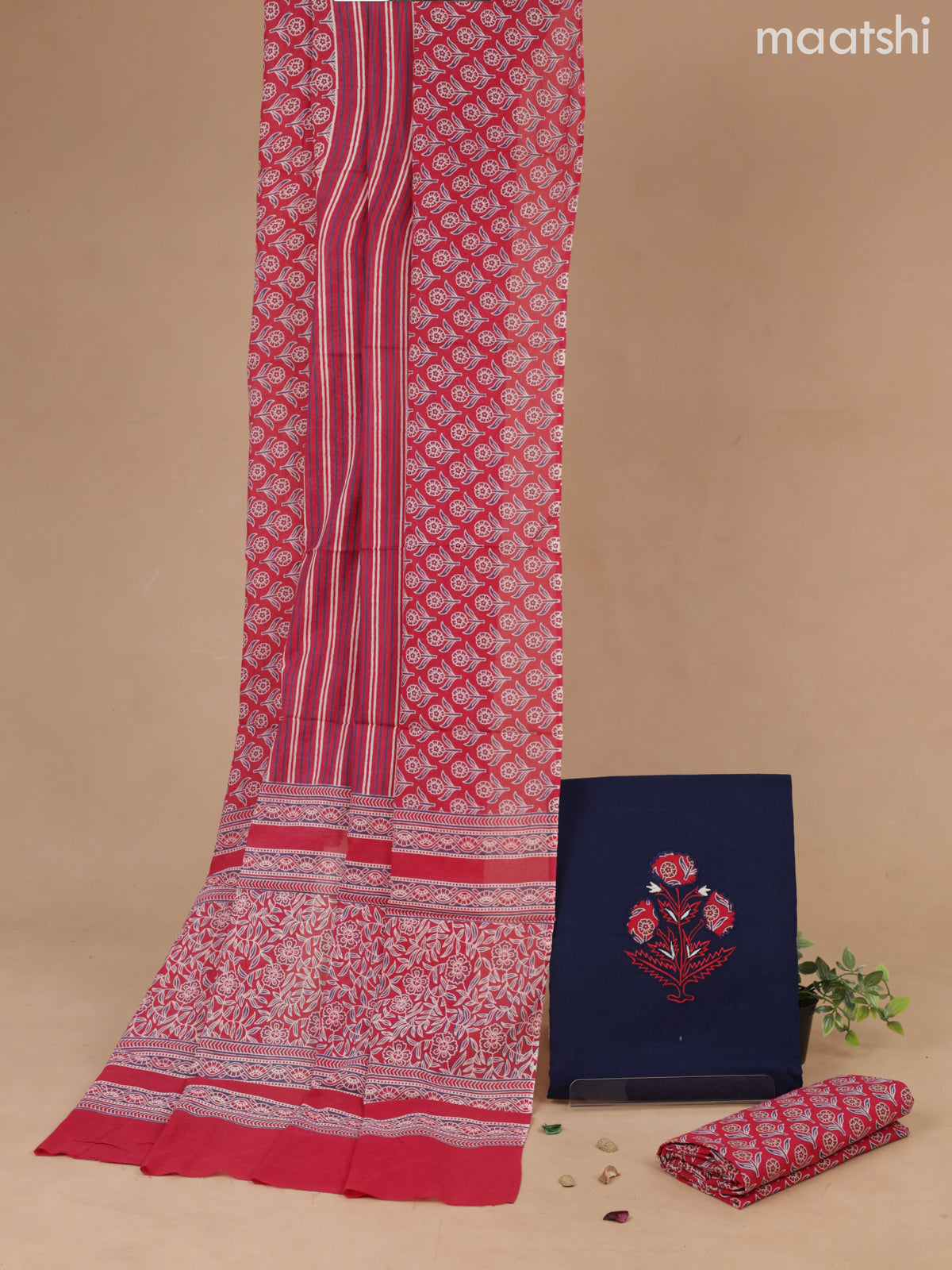 Cotton dress material navy blue and pink with embroidery work butta and bottom & kalamkari printed dupatta