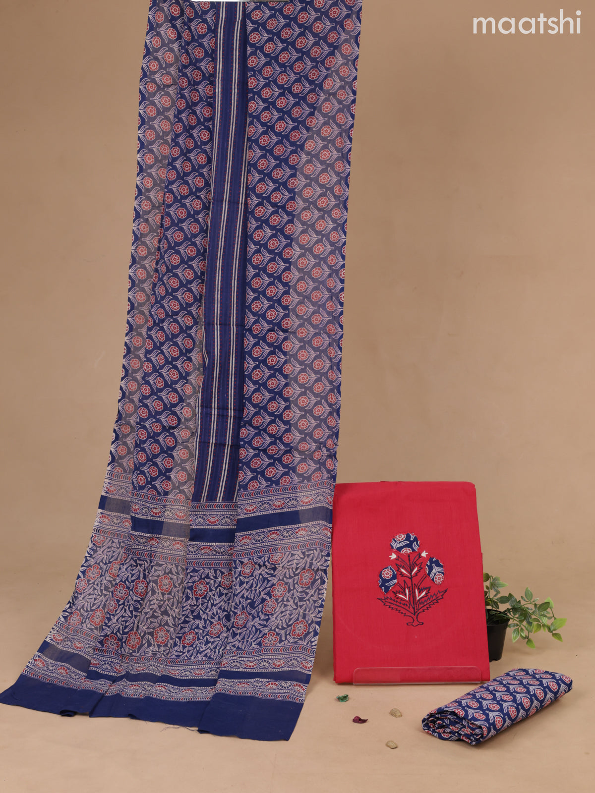 Cotton dress material pink and navy blue with embroidery work butta and bottom & kalamkari printed dupatta