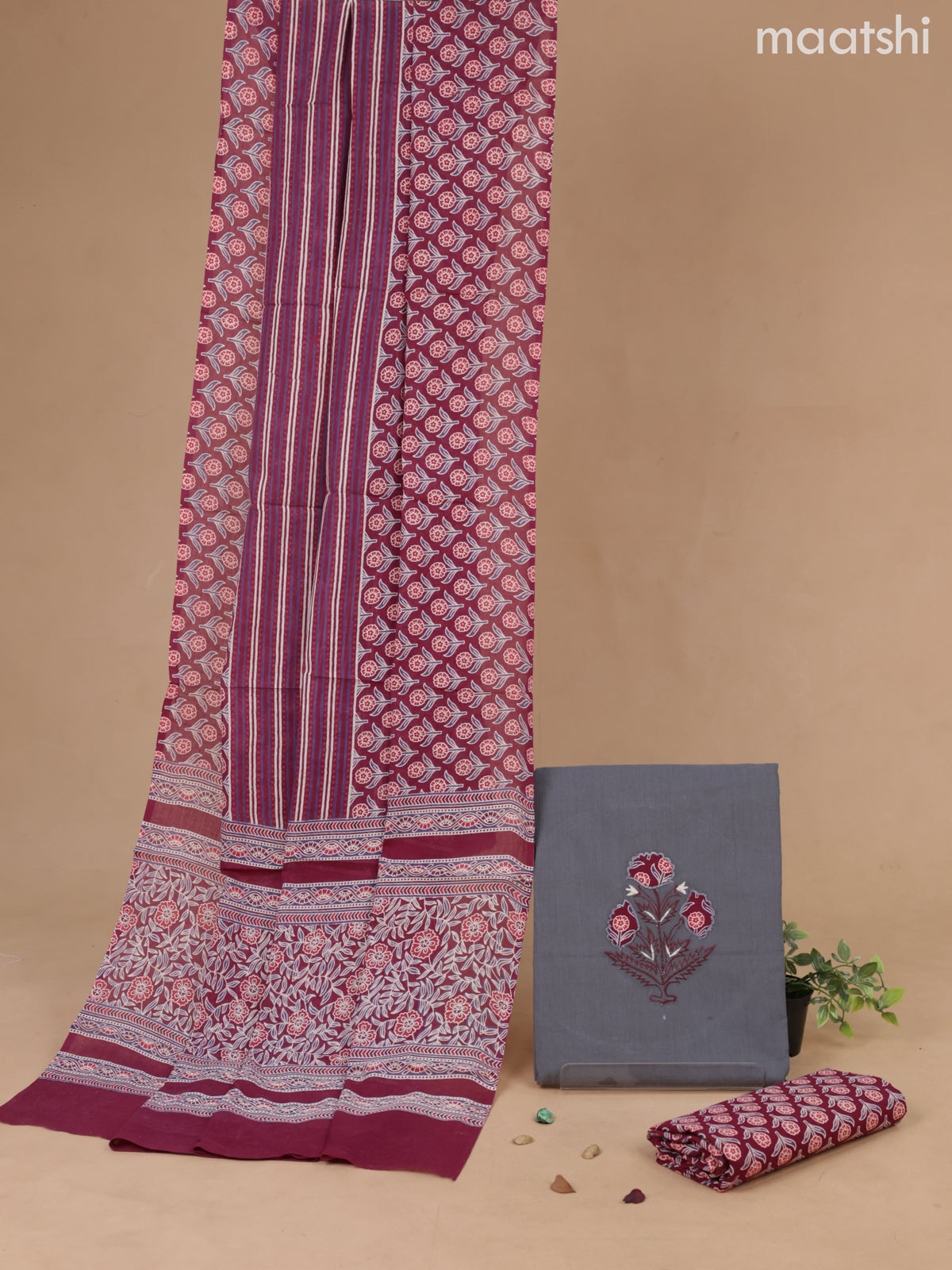 Cotton dress material grey and maroon with embroidery work butta and bottom & kalamkari printed dupatta