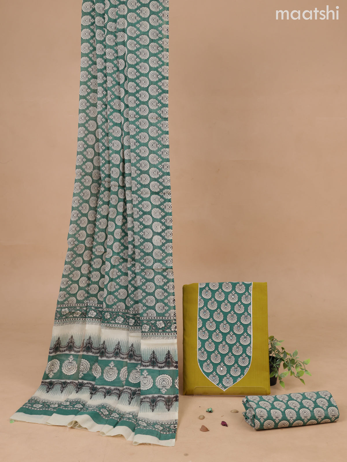 Cotton dress material mustard green and pastel green with patch work and bottom & printed dupatta