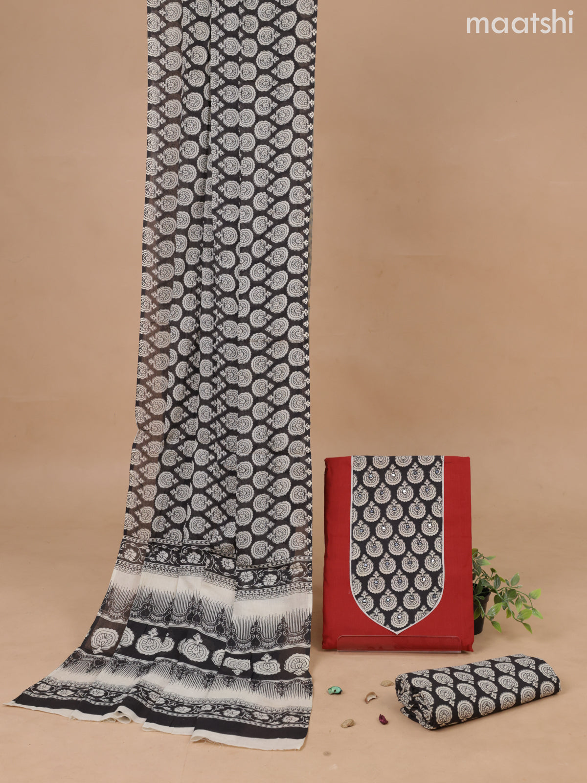 Cotton dress material rust shade and elephant grey with patch work and bottom & printed dupatta