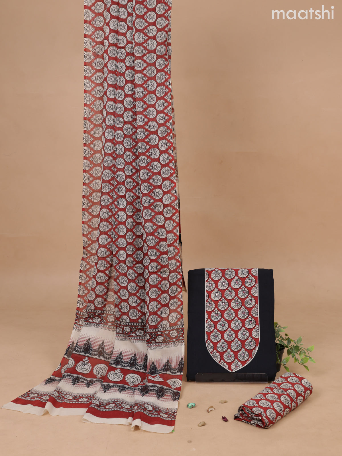 Cotton dress material black and maroon with patch work and bottom & printed dupatta