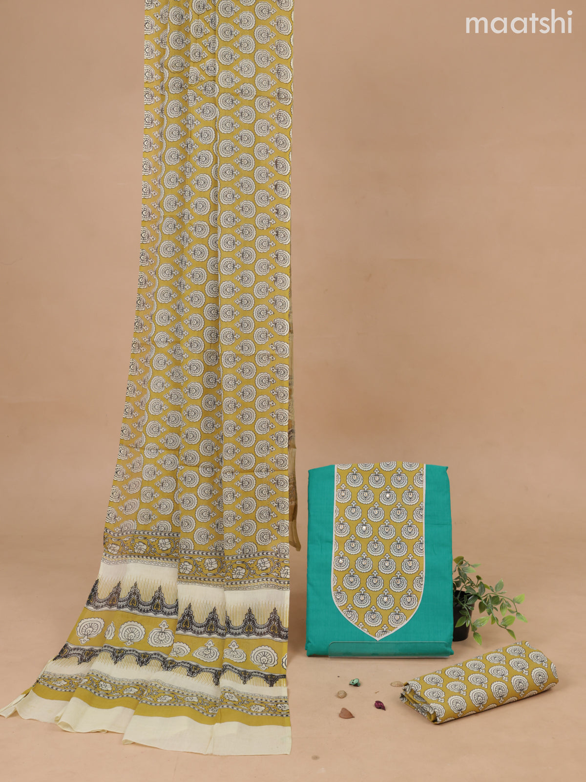 Cotton dress material teal green and yellow with patch work and bottom & printed dupatta