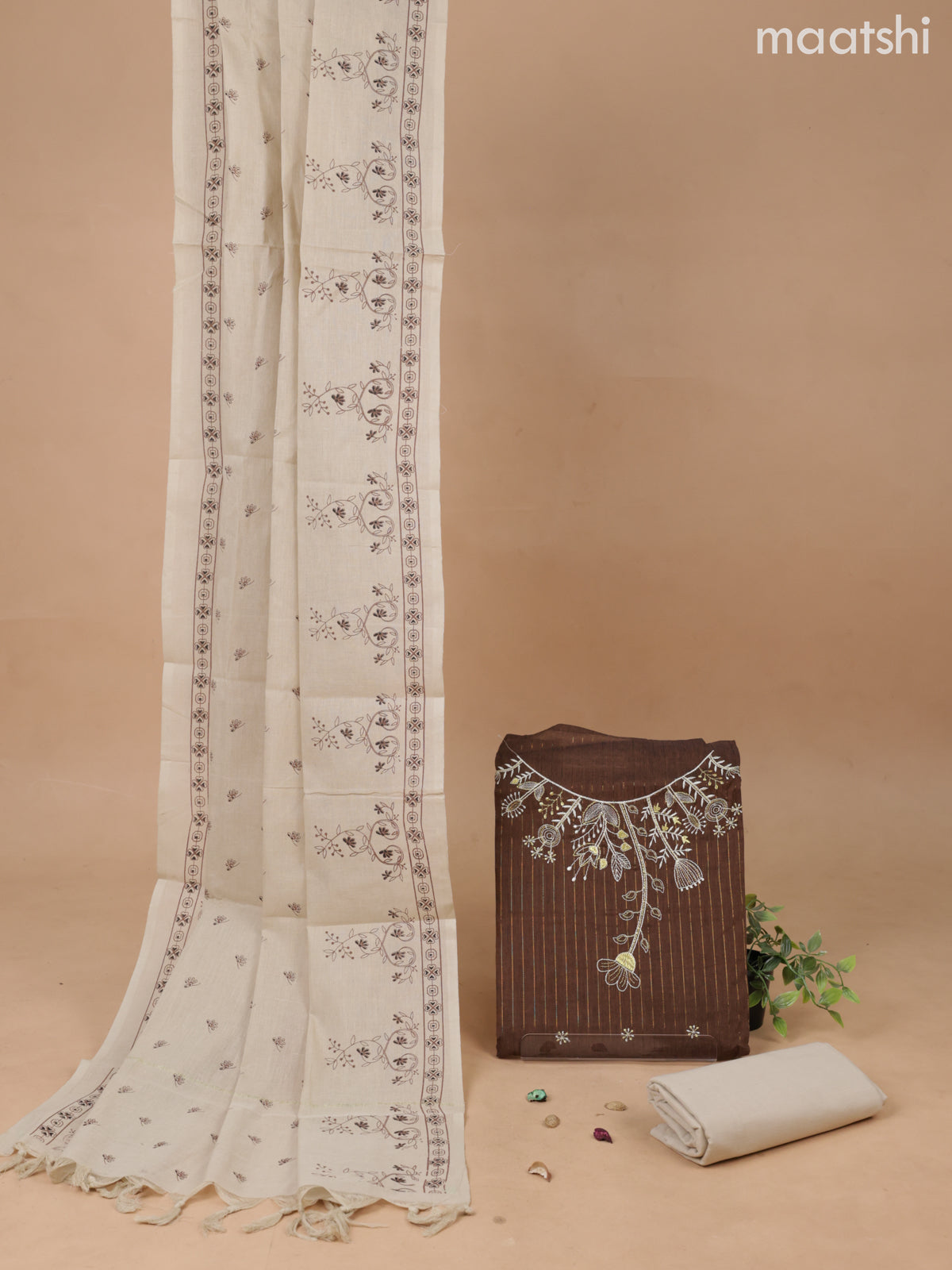 Cotton dress material coffee brown and beige with embroidery work neck pattern and bottom & printed dupatta