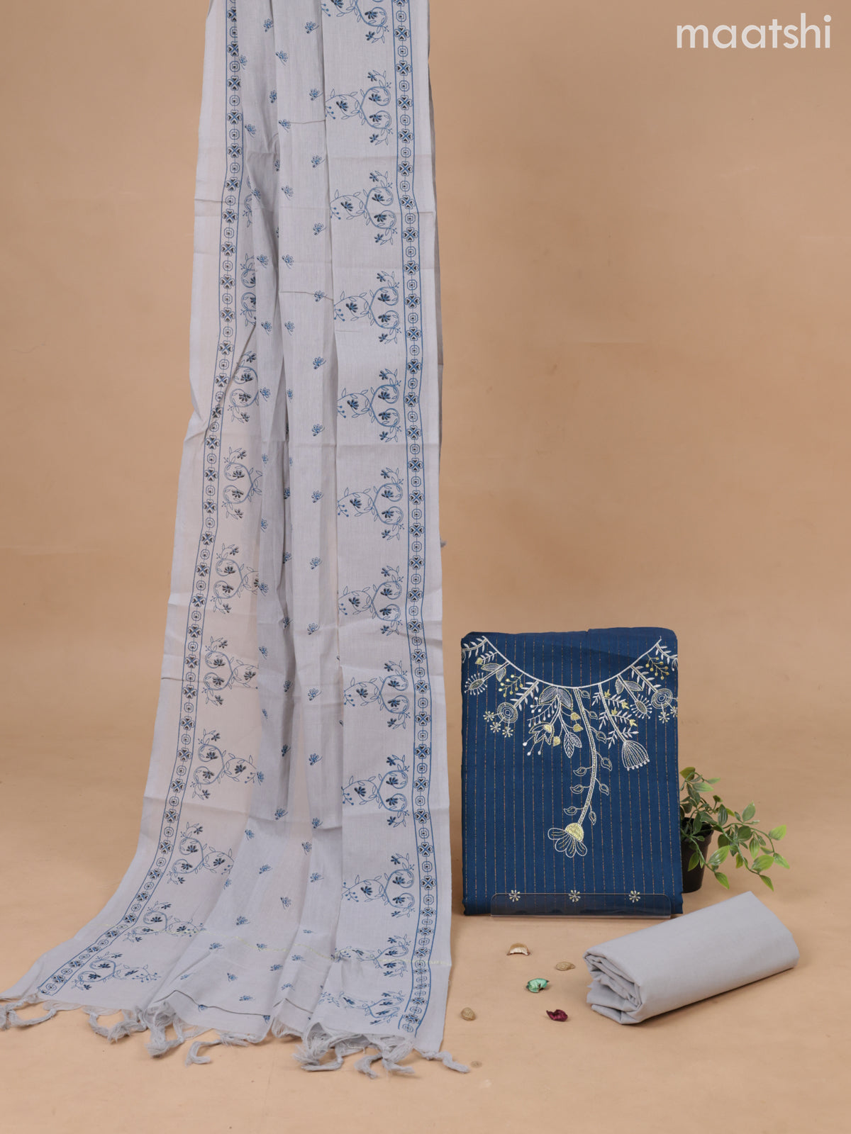 Cotton dress material peacock blue and pastel grey with embroidery work neck pattern and bottom & printed dupatta