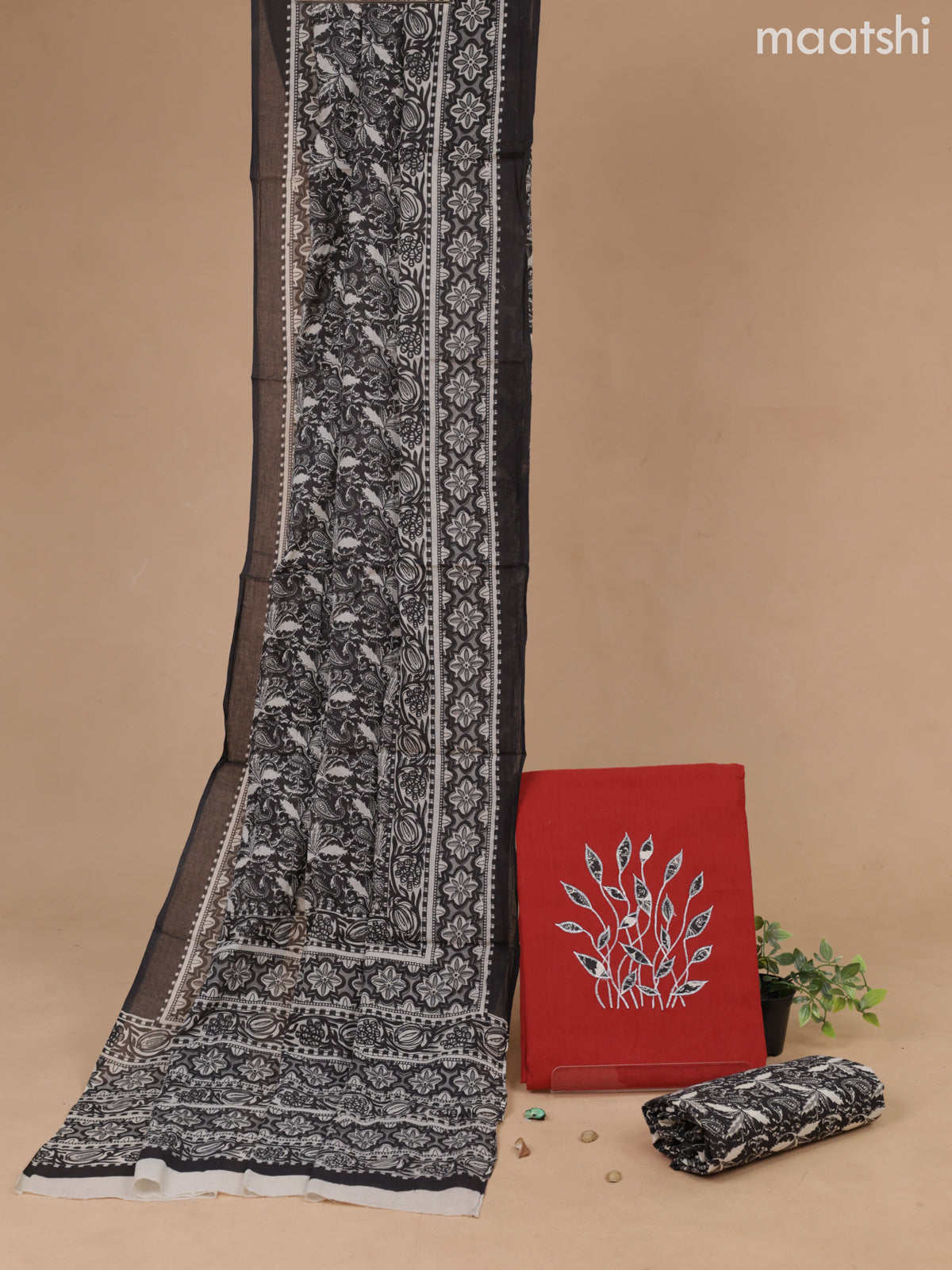 Cotton dress material rust shade and grey cream with patch work and bottom & printed dupatta