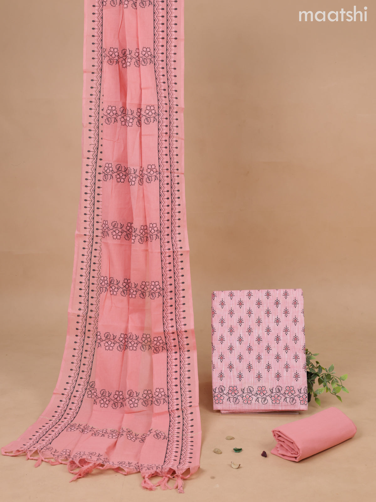 Cotton dress material peach pink with allover butta prints and bottom & printed dupatta