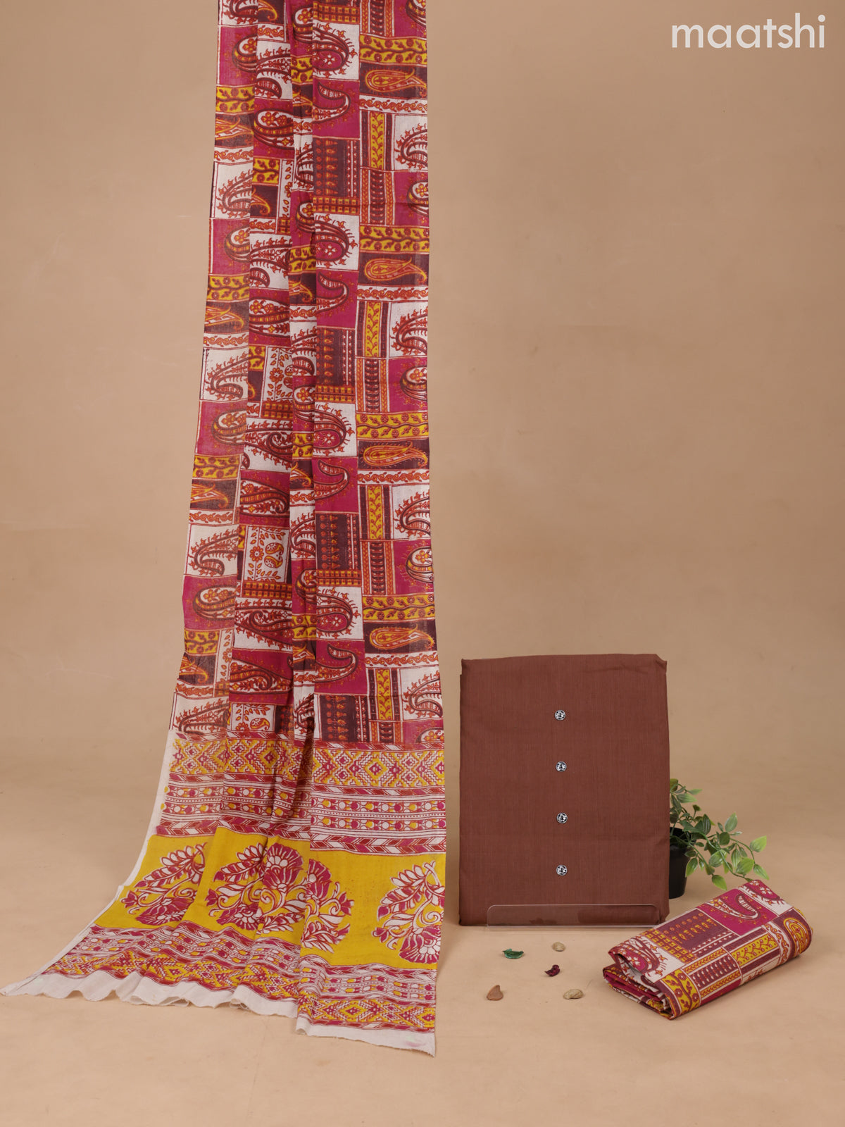 Cotton dress material brown and yellow pink with plain body and bottom & kalamkari printed dupatta