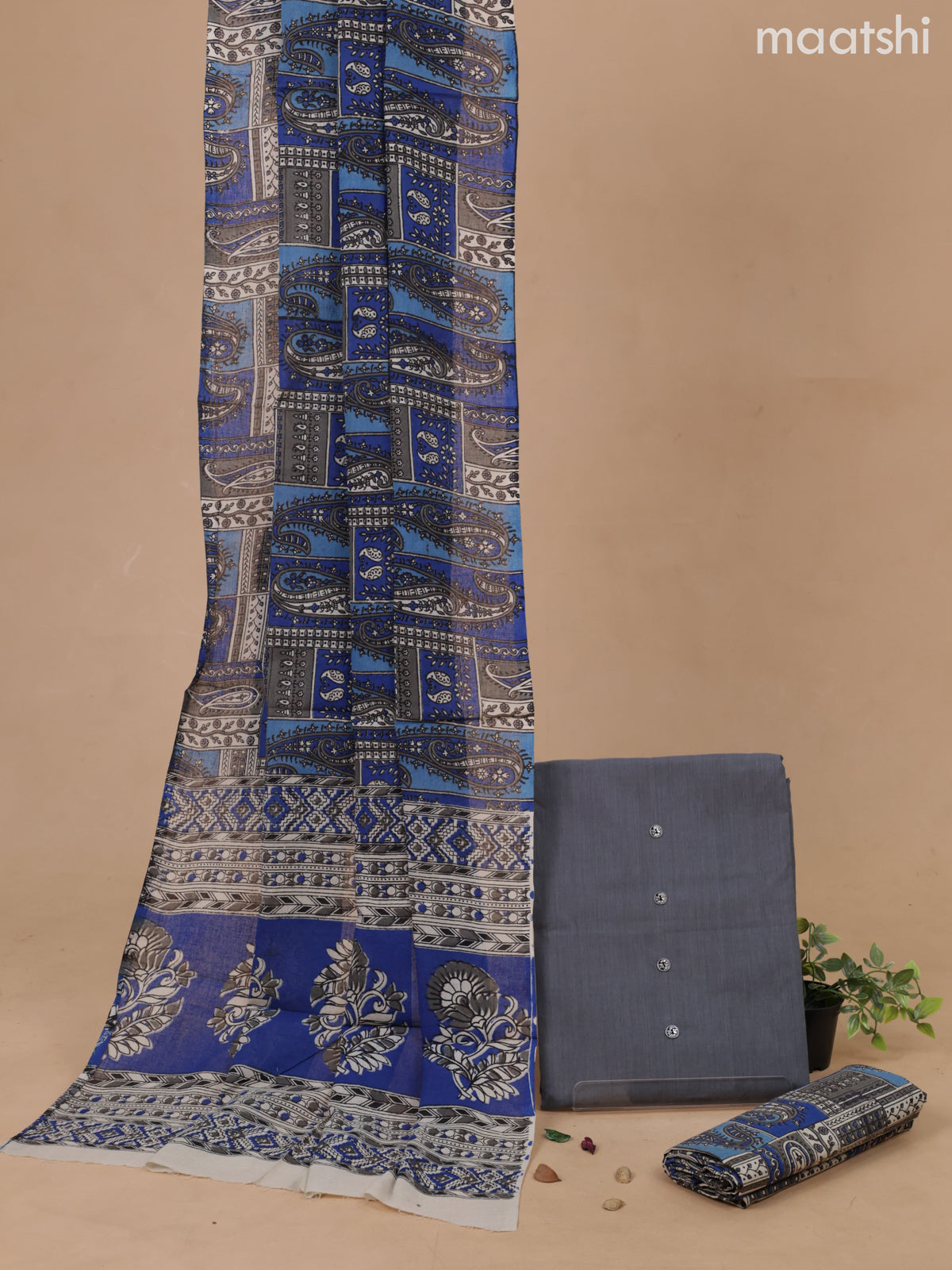 Cotton dress material grey and blue with plain body and bottom & kalamkari printed dupatta