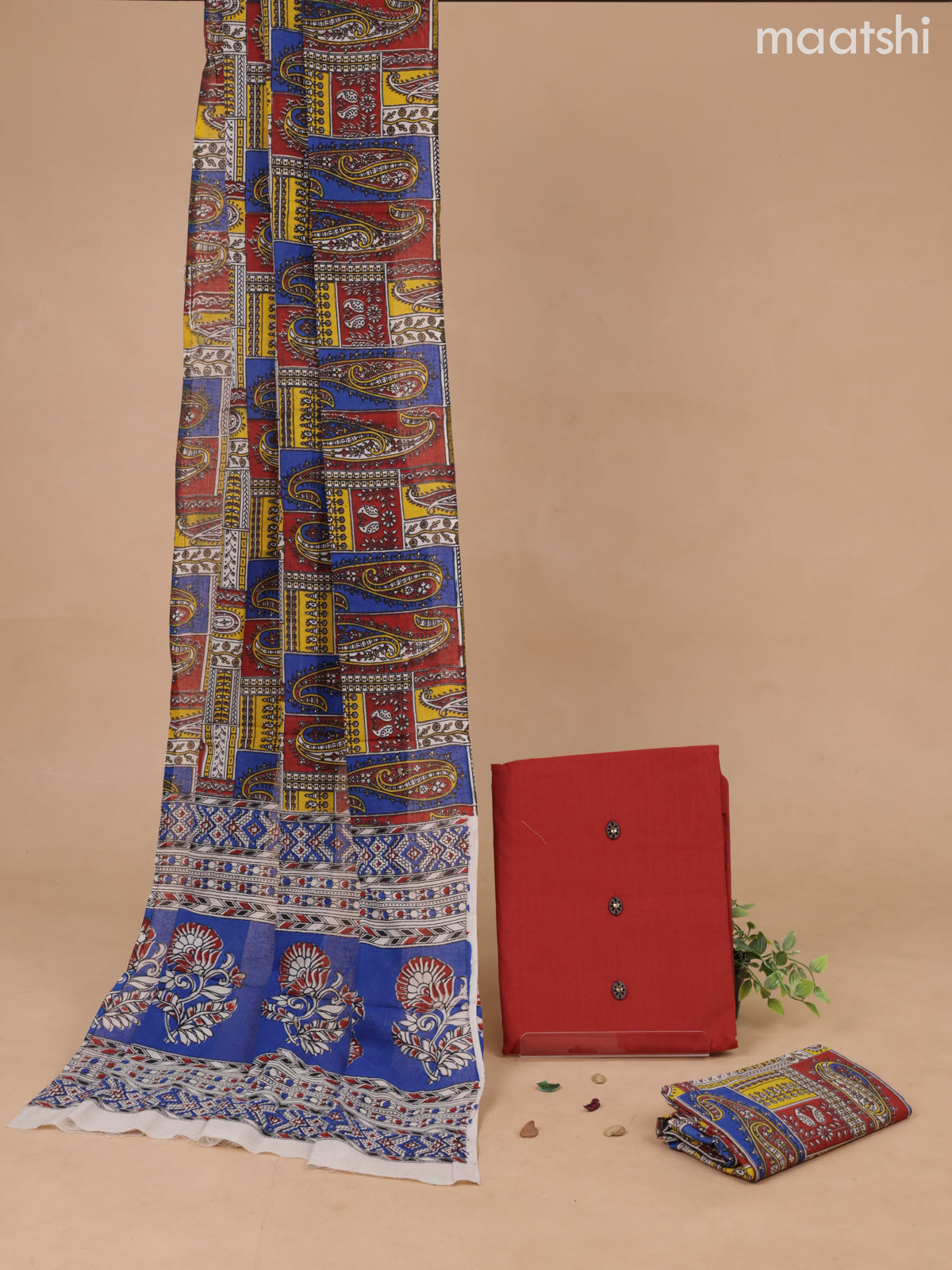 Cotton dress material rust shade and blue with plain body and bottom & kalamkari printed dupatta