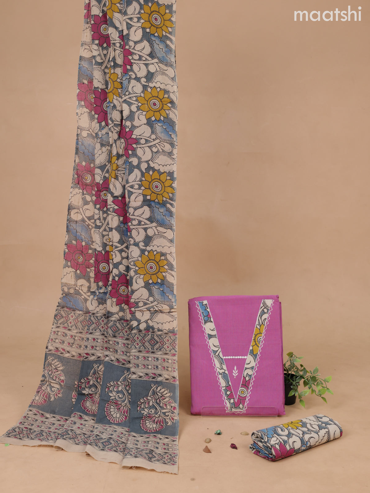 Cotton dress material pink shade and grey with patch work V neck patteren and bottom & kalamkari printed dupatta