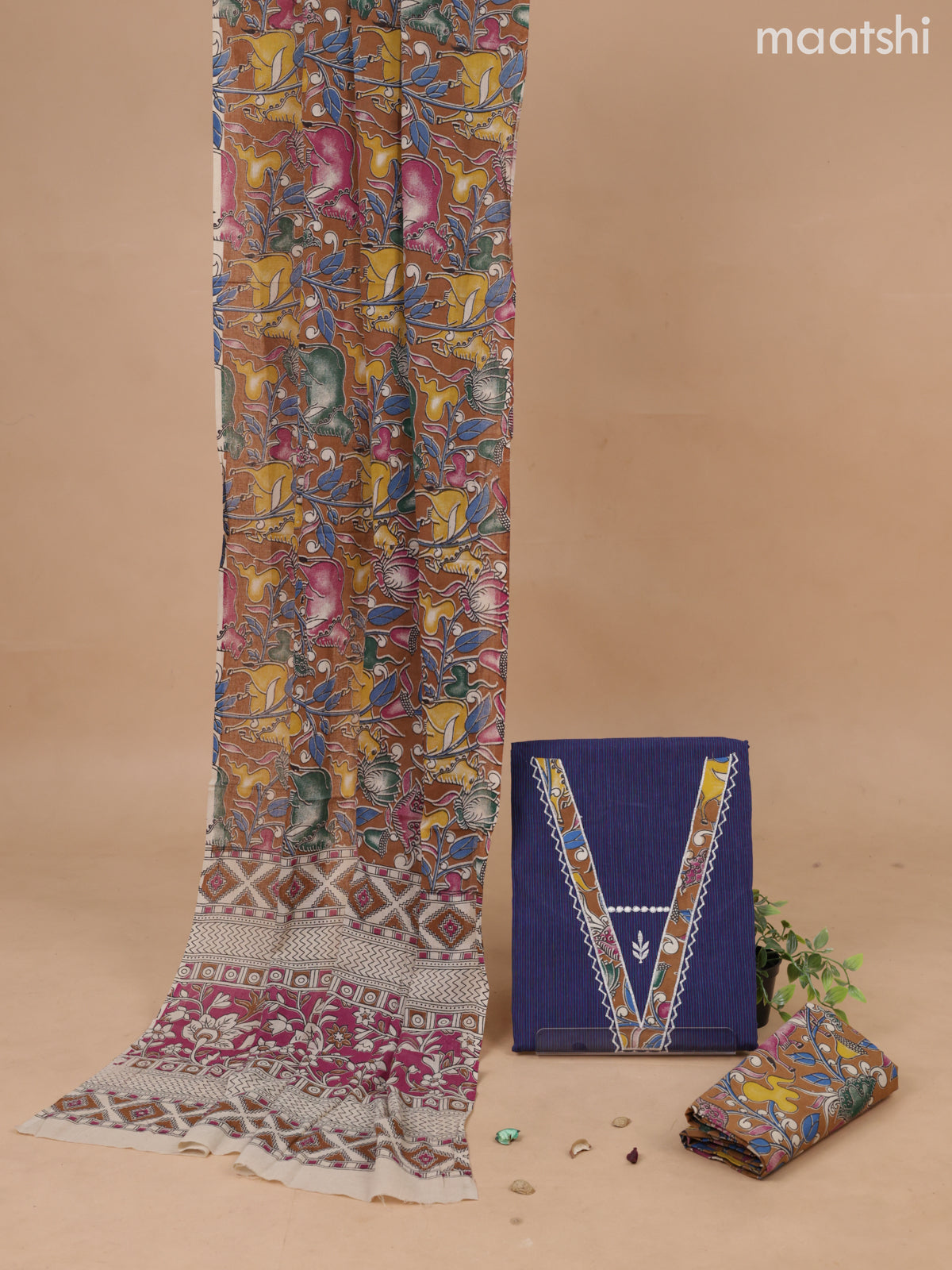 Cotton dress material blue and mustard yellow megenta pink with patch work V neck patteren and bottom & kalamkari printed dupatta