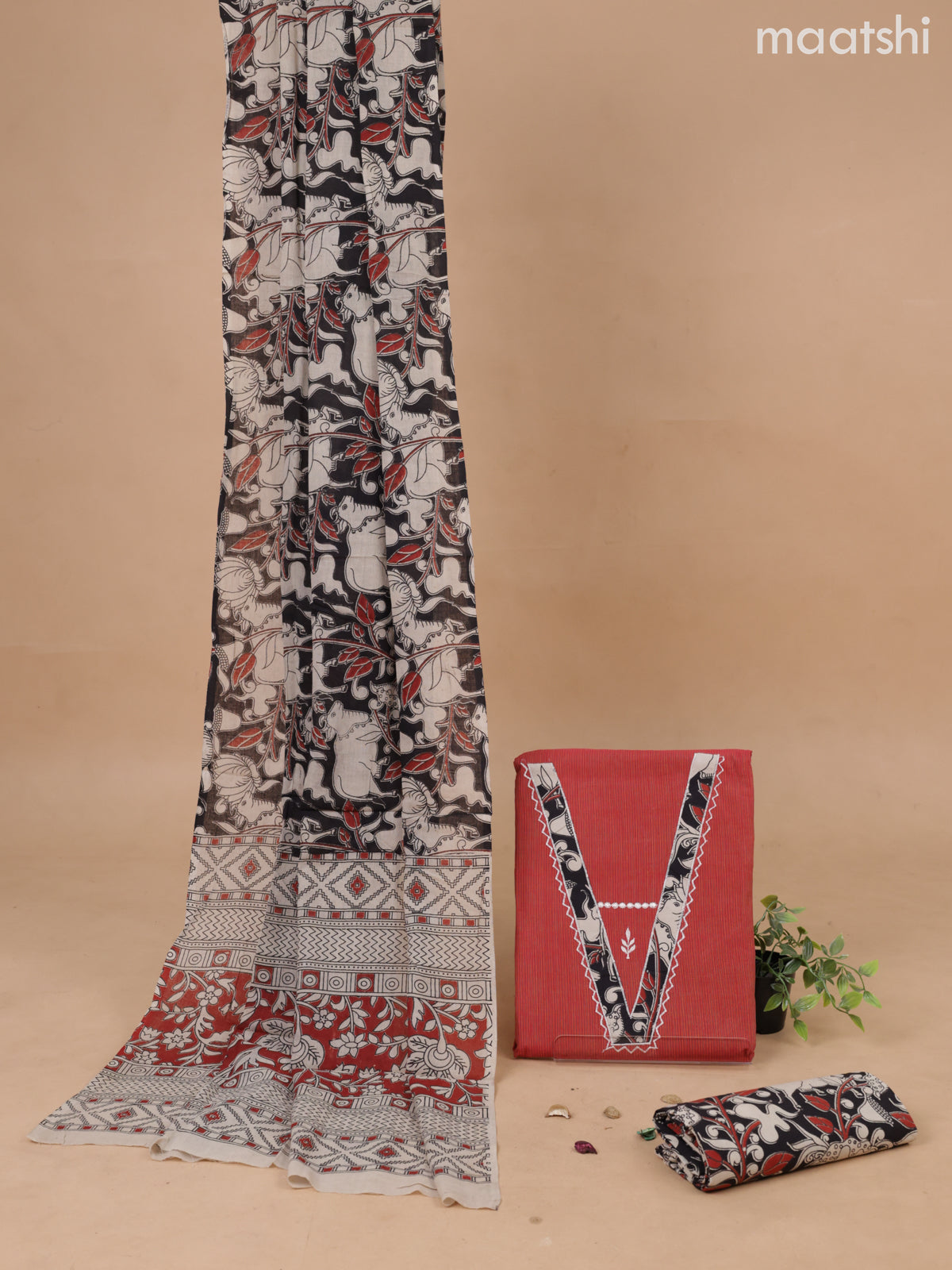Cotton dress material rust shade and black with patch work V neck patteren and bottom & kalamkari printed dupatta