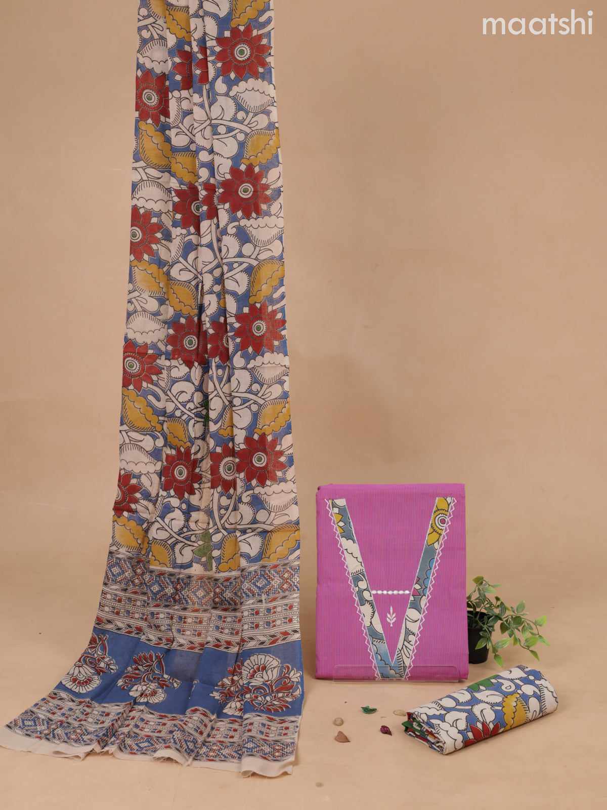 Cotton dress material pink shade and pastel blue with patch work V neck patteren and bottom & kalamkari printed dupatta