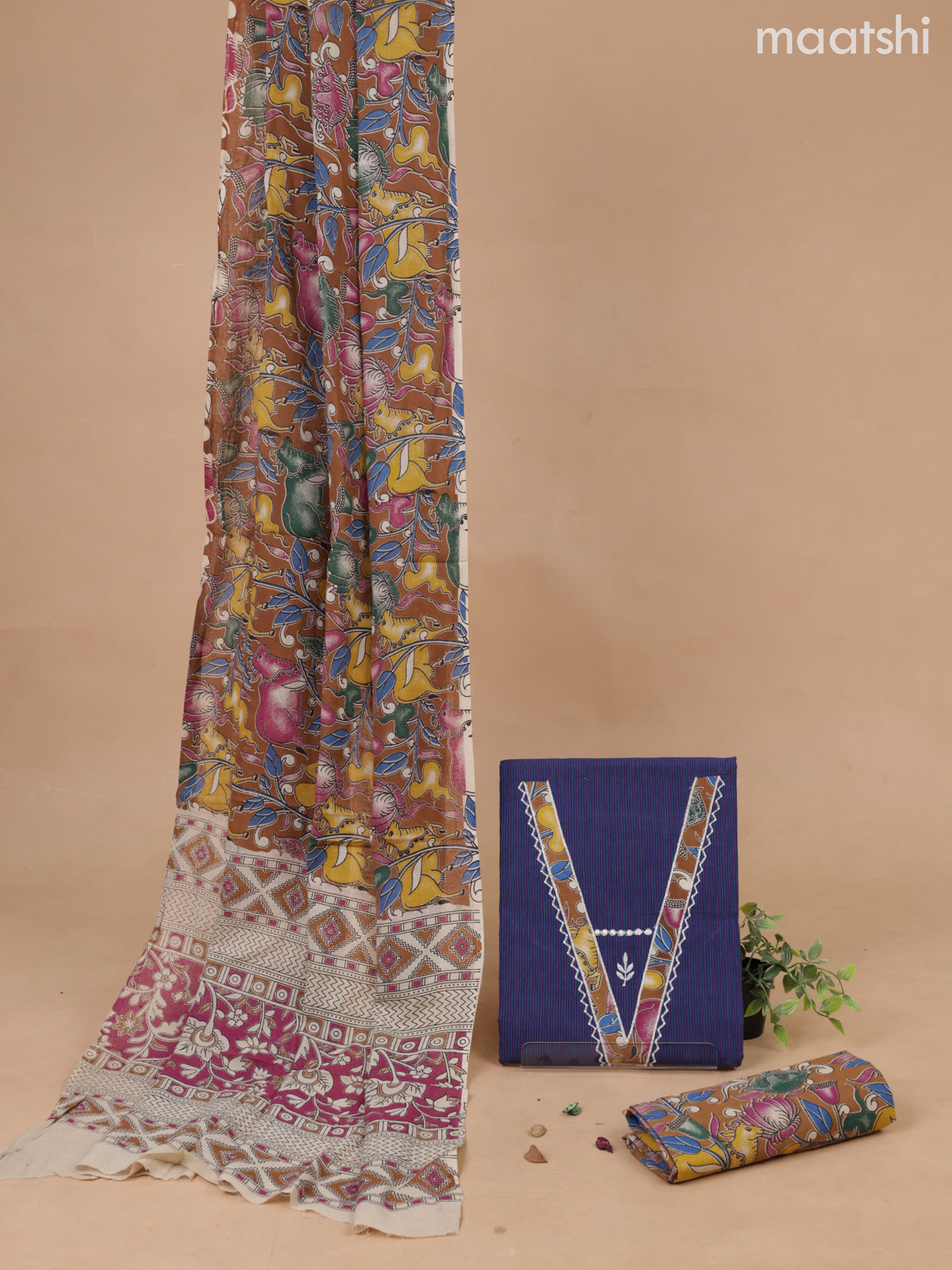 Cotton dress material blue and dark mustard yellow with patch work V neck patteren and bottom & kalamkari printed dupatta