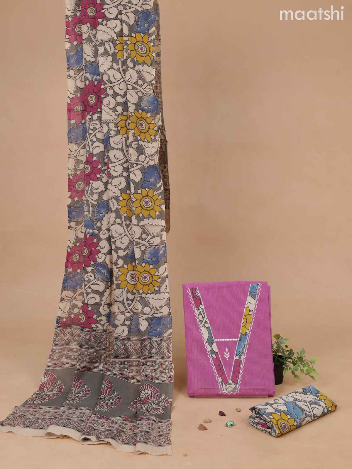 Cotton dress material pink shade and grey with patch work V neck patteren and bottom & kalamkari printed dupatta