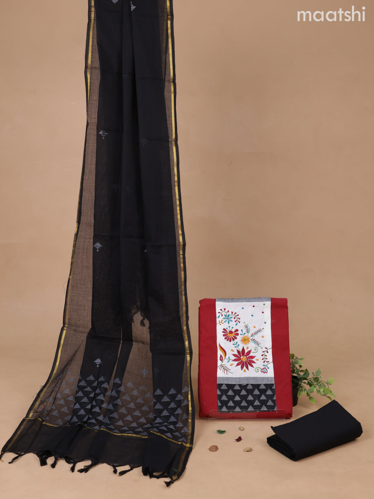 Cotton dress material maroon and black with patch work neck pattern and bottom & printed dupatta