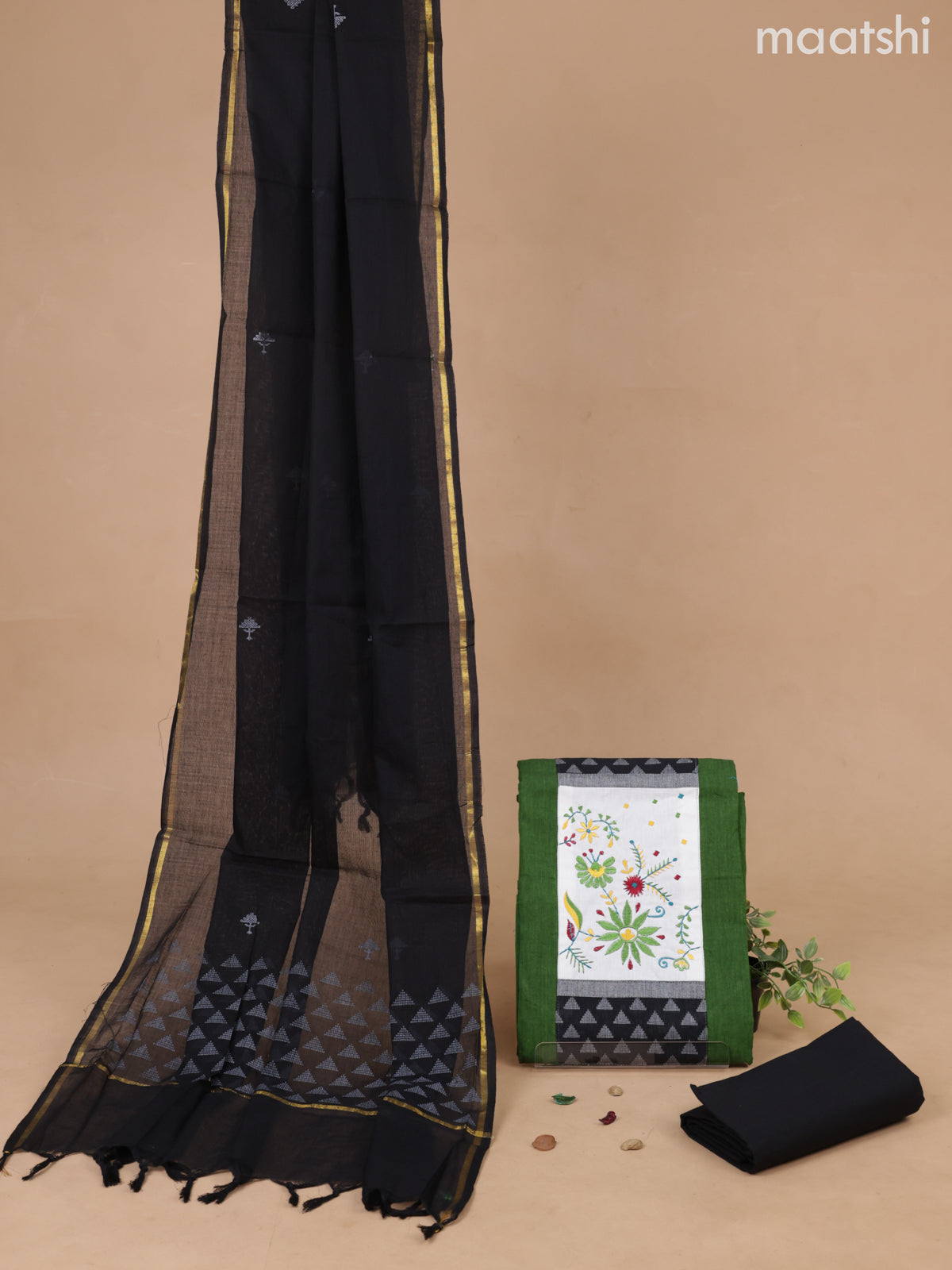 Cotton dress material sap green and black with patch work neck pattern and bottom & printed dupatta