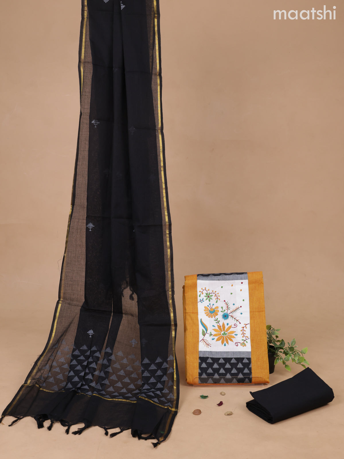 Cotton dress material yellow and black with patch work neck pattern and bottom & printed dupatta