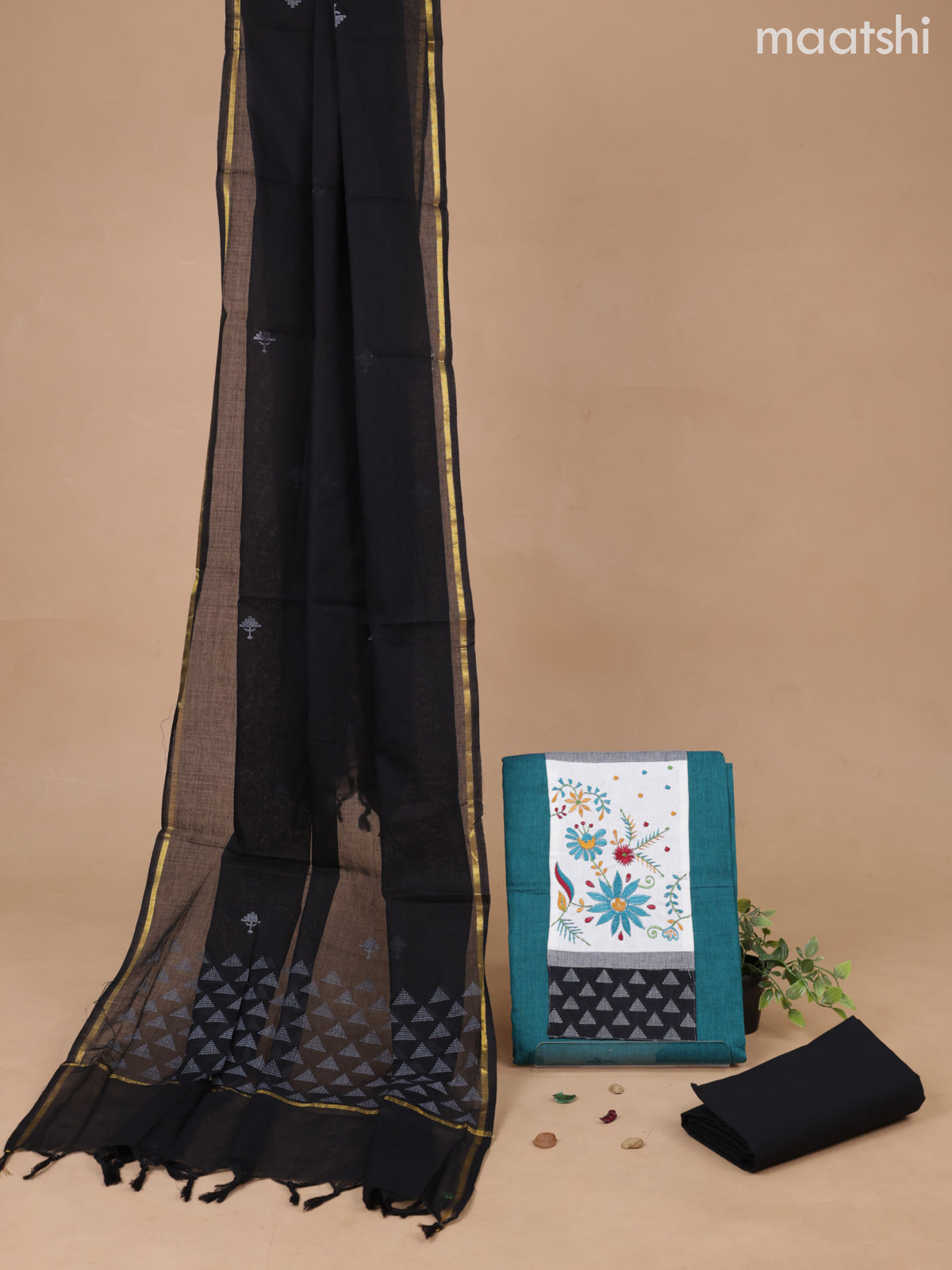 Cotton dress material teal blue and black with patch work neck pattern and bottom & printed dupatta