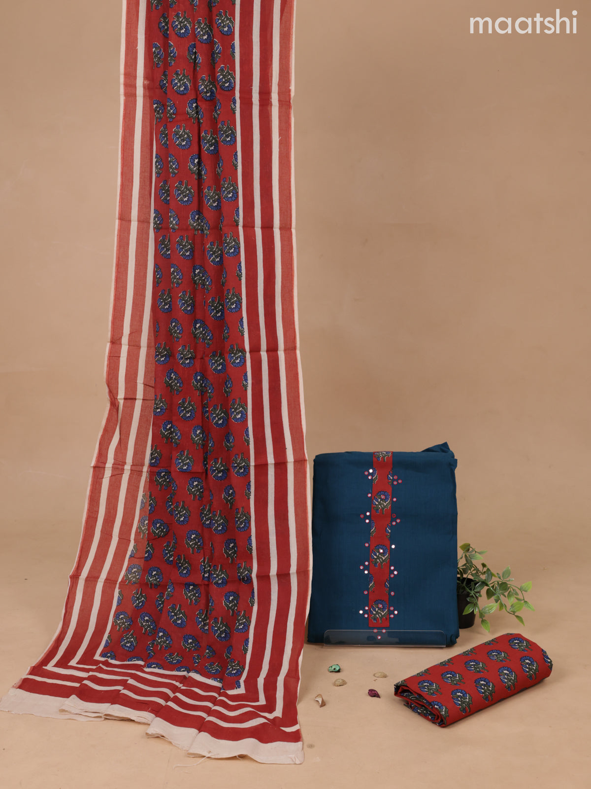 Cotton dress material peacock blue and rust shade with patch work neck pattern and bottom & printed dupatta