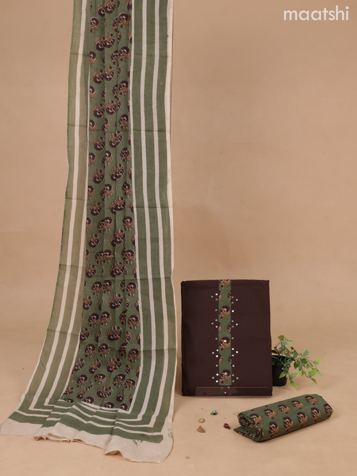 Cotton dress material coffee brown and pastel green with patch work neck pattern and bottom & printed dupatta