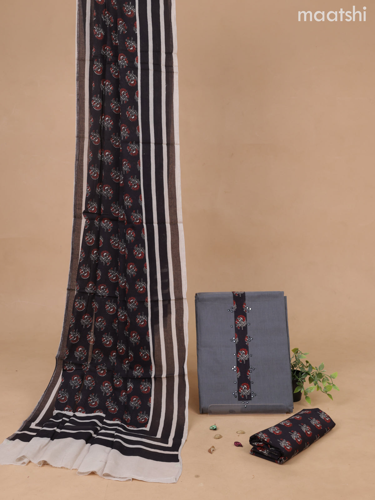 Cotton dress material grey and deep coffee brown with patch work neck pattern and bottom & printed dupatta