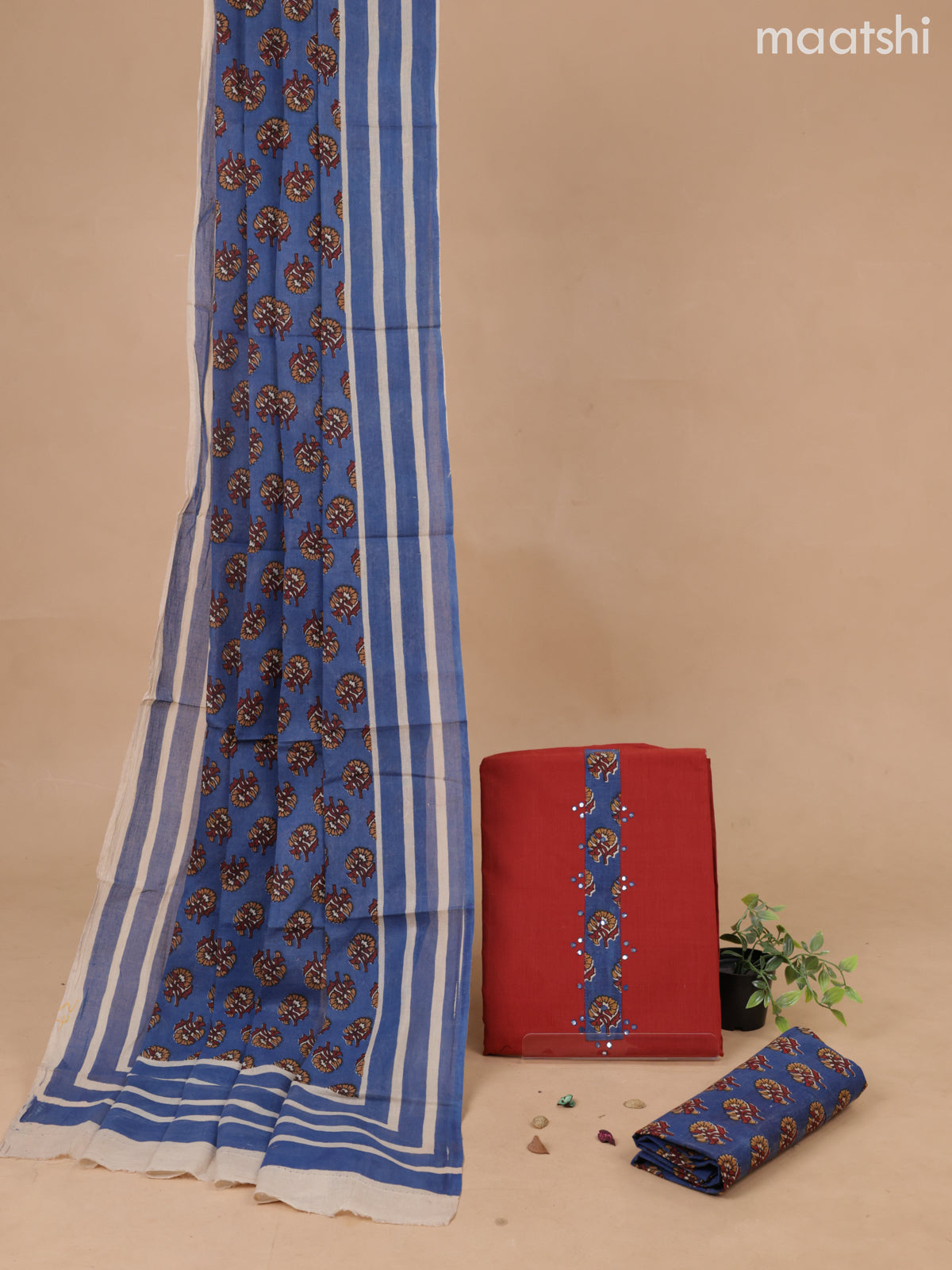 Cotton dress material rust shade and blue with patch work neck pattern and bottom & printed dupatta