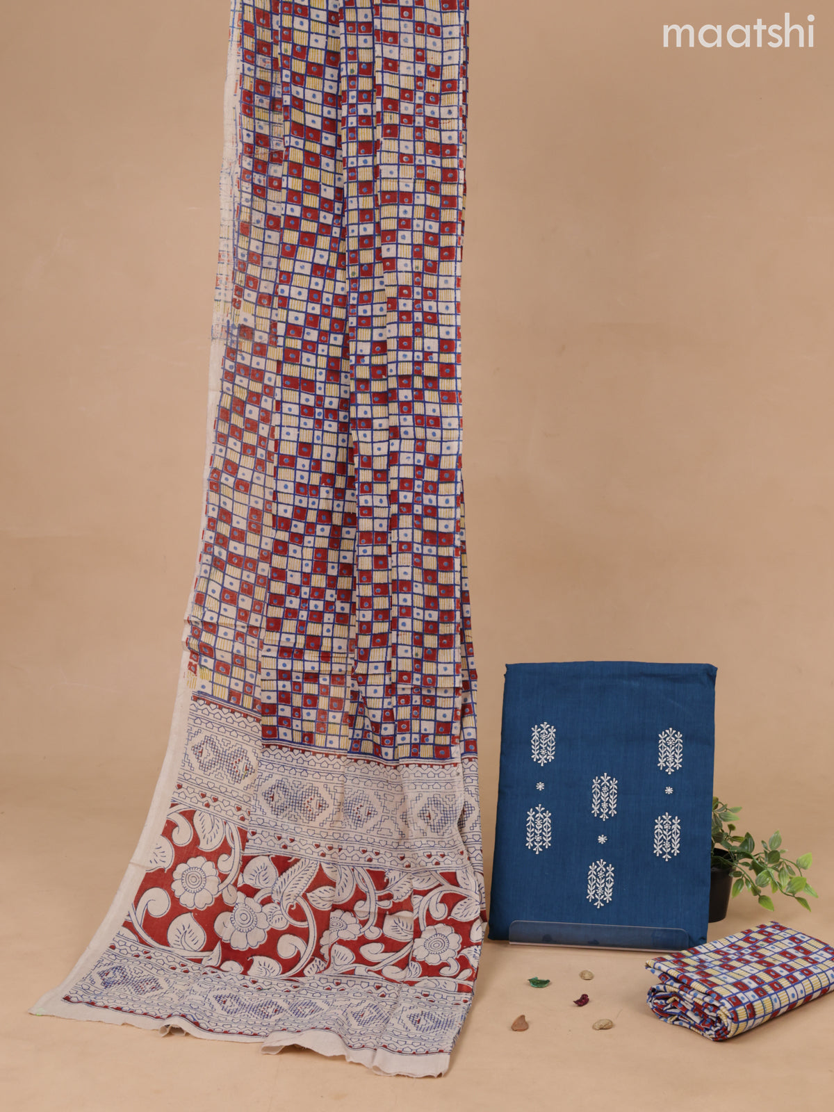 Cotton dress material peacock blue and multicolour with embroidery work buttas and bottom & printed dupatta