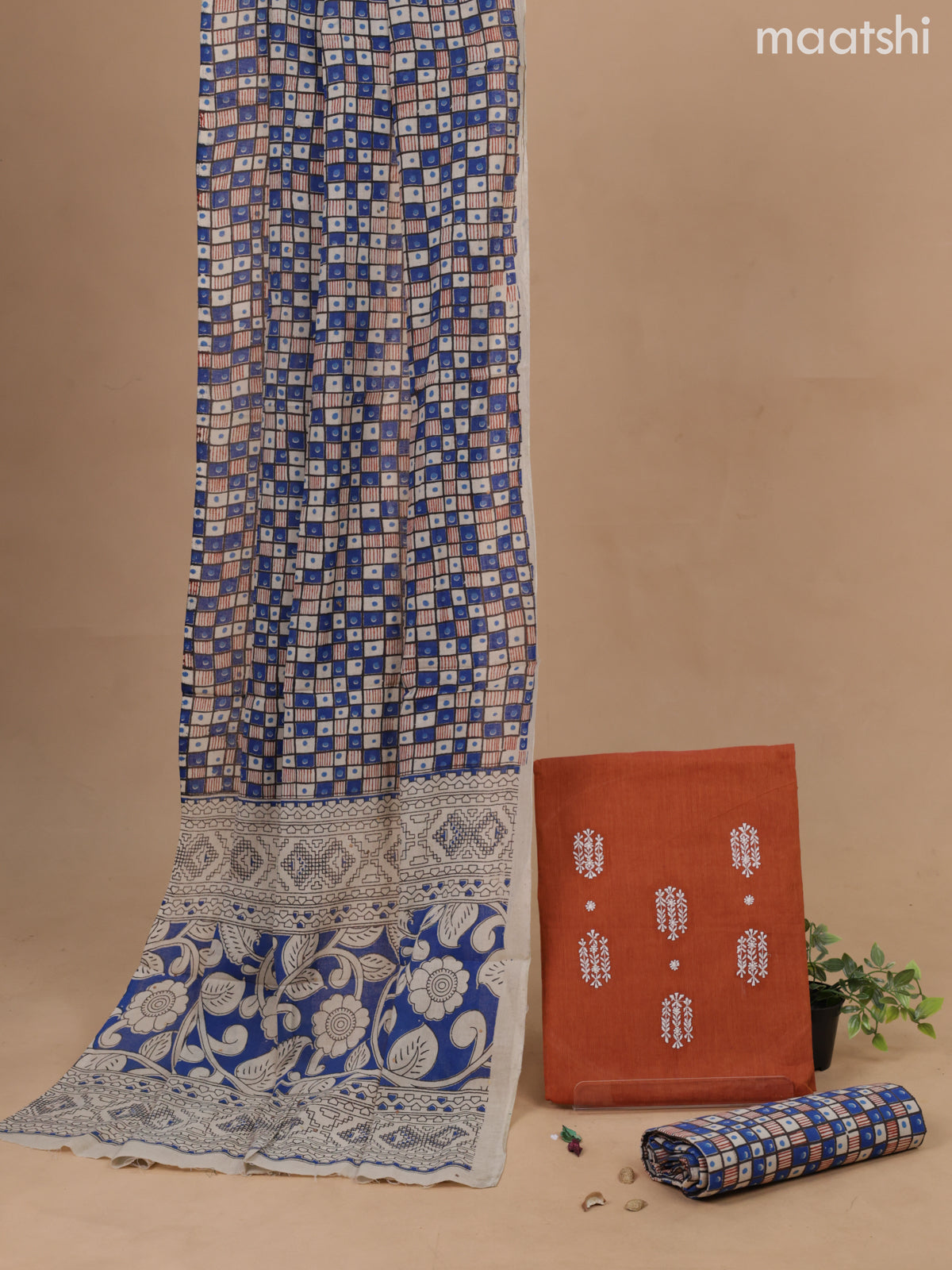 Cotton dress material rust shade and multicolour with embroidery work buttas and bottom & printed dupatta