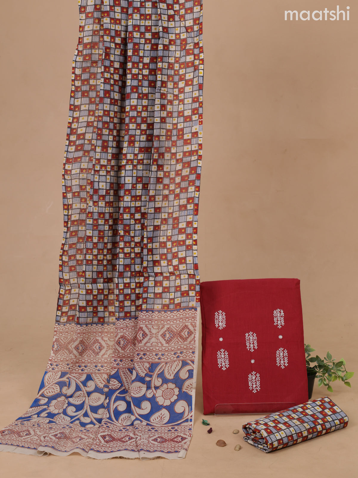 Cotton dress material maroon and multicolour with embroidery work buttas and bottom & printed dupatta