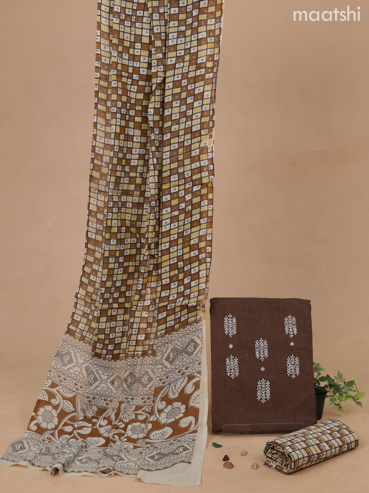 Cotton dress material coffee brown and multicolour with embroidery work buttas and bottom & printed dupatta