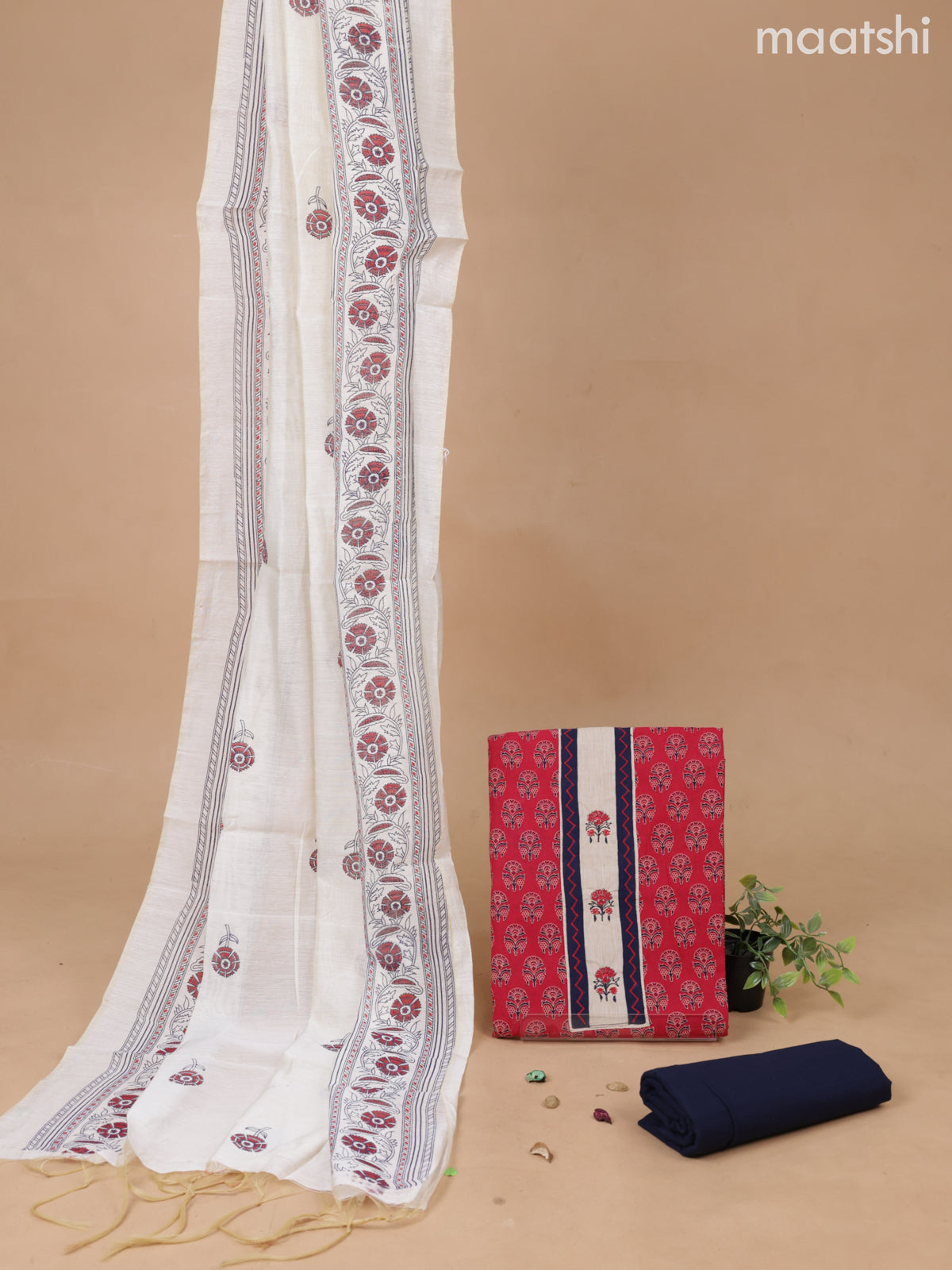 Cotton dress material pink and navy blue with floral butta prints & patch work neck pattern and bottom & cotton dupatta
