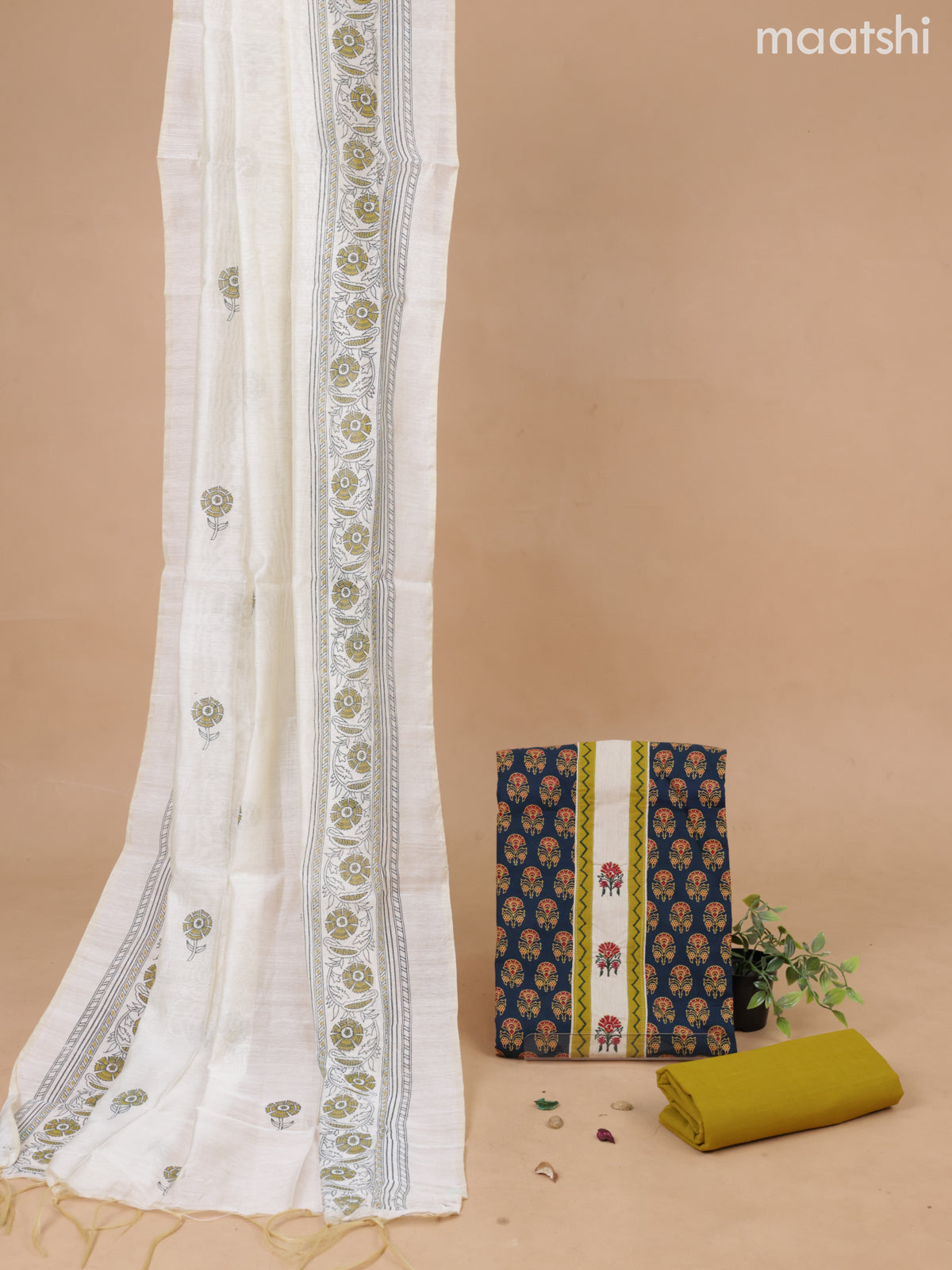 Cotton dress material peacock green and mustard green cream with floral butta prints & patch work neck pattern and bottom & cotton dupatta