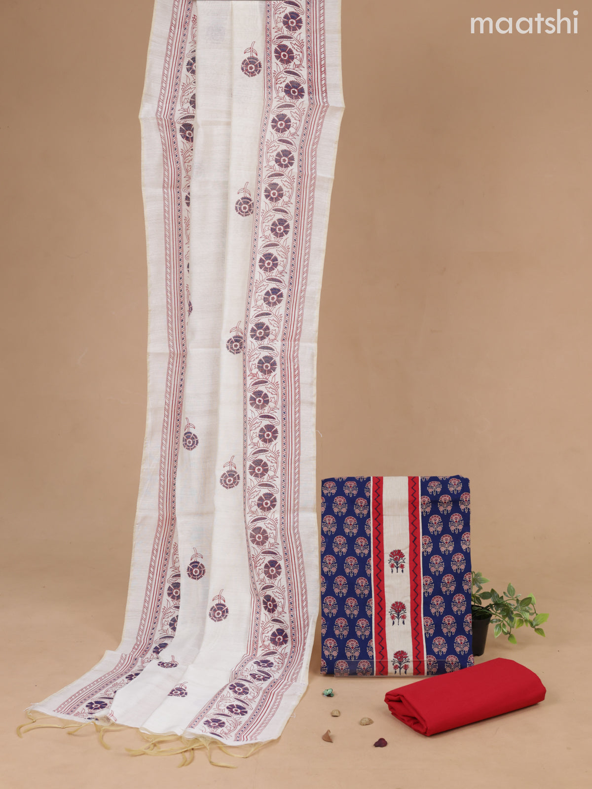 Cotton dress material navy blue and red with floral butta prints & patch work neck pattern and bottom & cotton dupatta