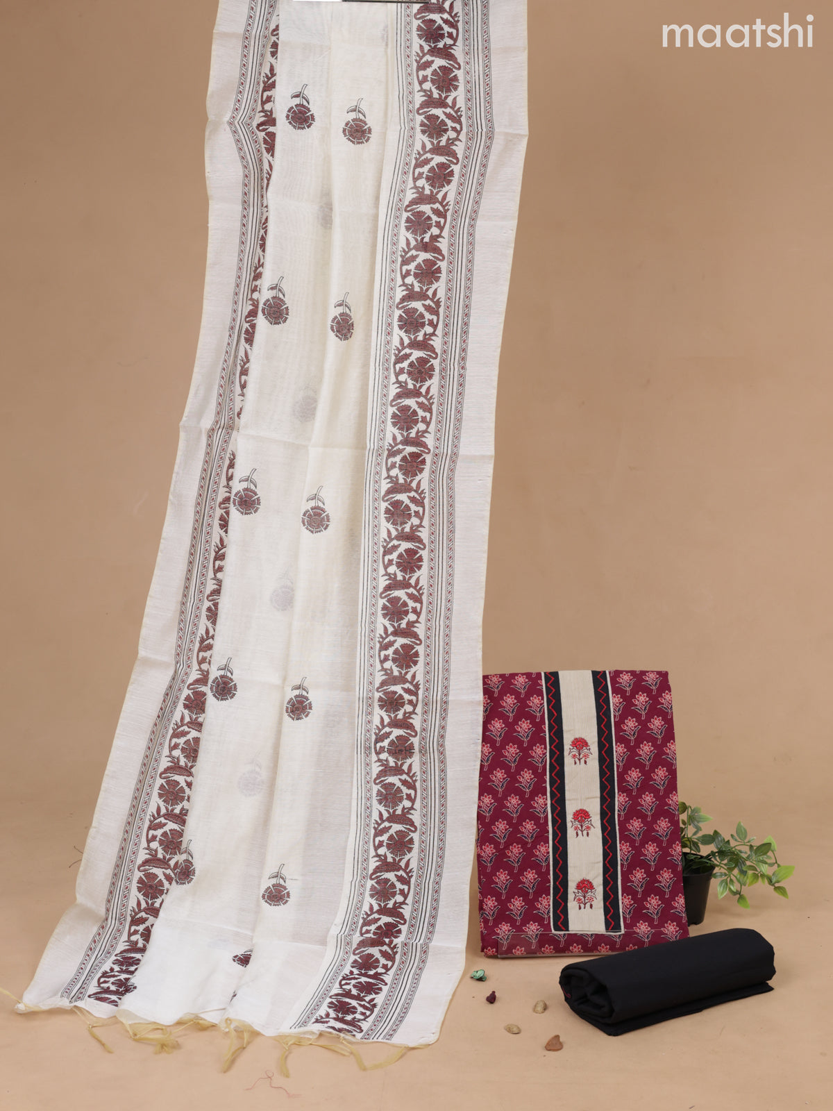 Cotton dress material maroon and black with floral butta prints & patch work neck pattern and bottom & cotton dupatta