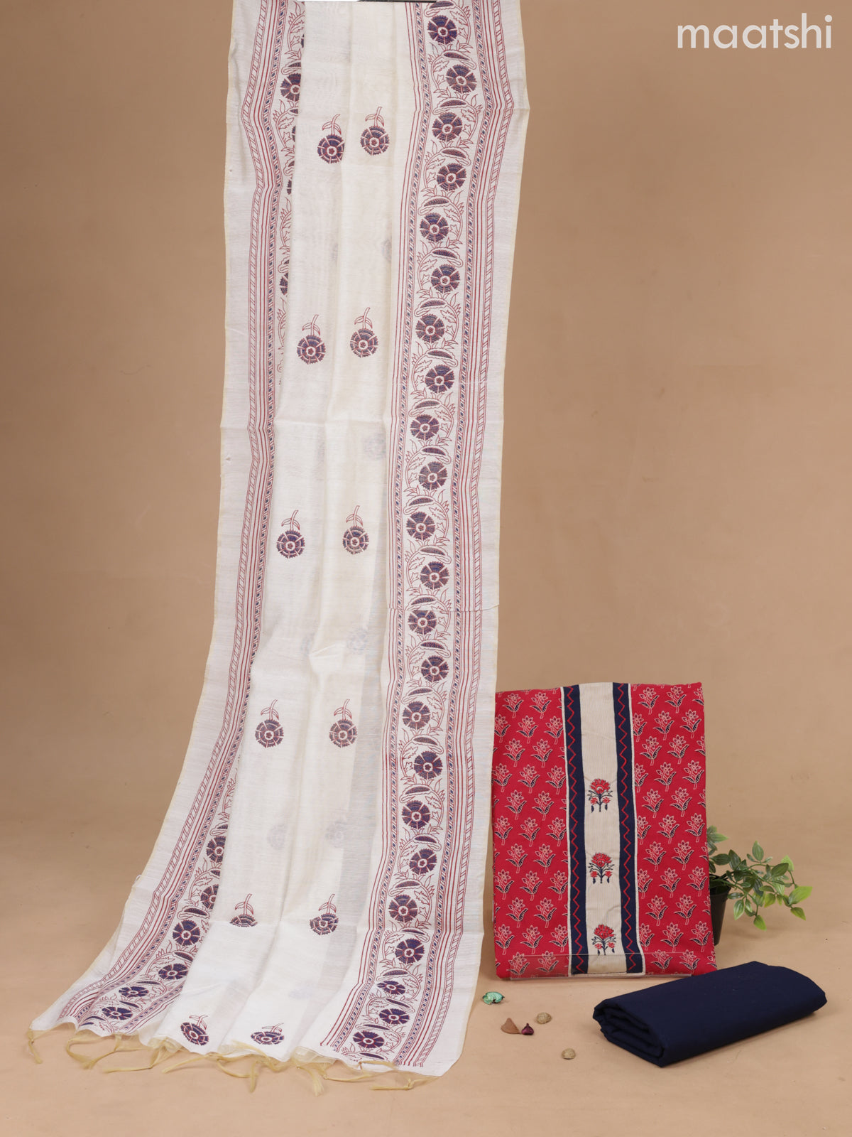 Cotton dress material red and navy blue with floral butta prints & patch work neck pattern and bottom & cotton dupatta