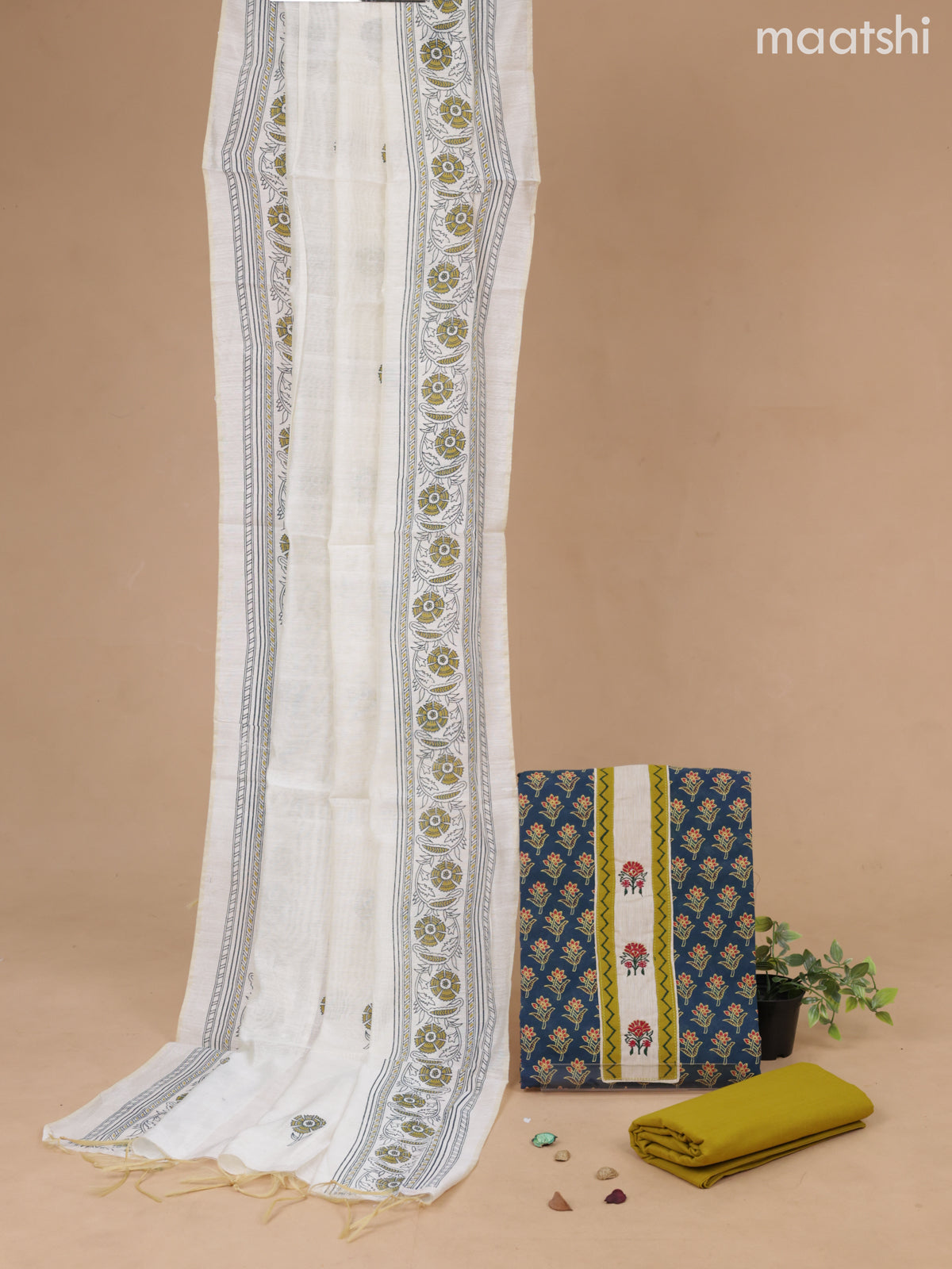 Cotton dress material peacock blue and mustard green with floral butta prints & patch work neck pattern and bottom & cotton dupatta