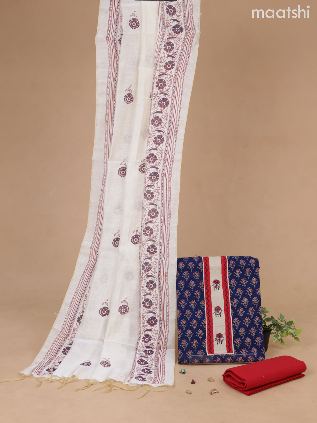 Cotton dress material navy blue and red with floral butta prints & patch work neck pattern and bottom & cotton dupatta