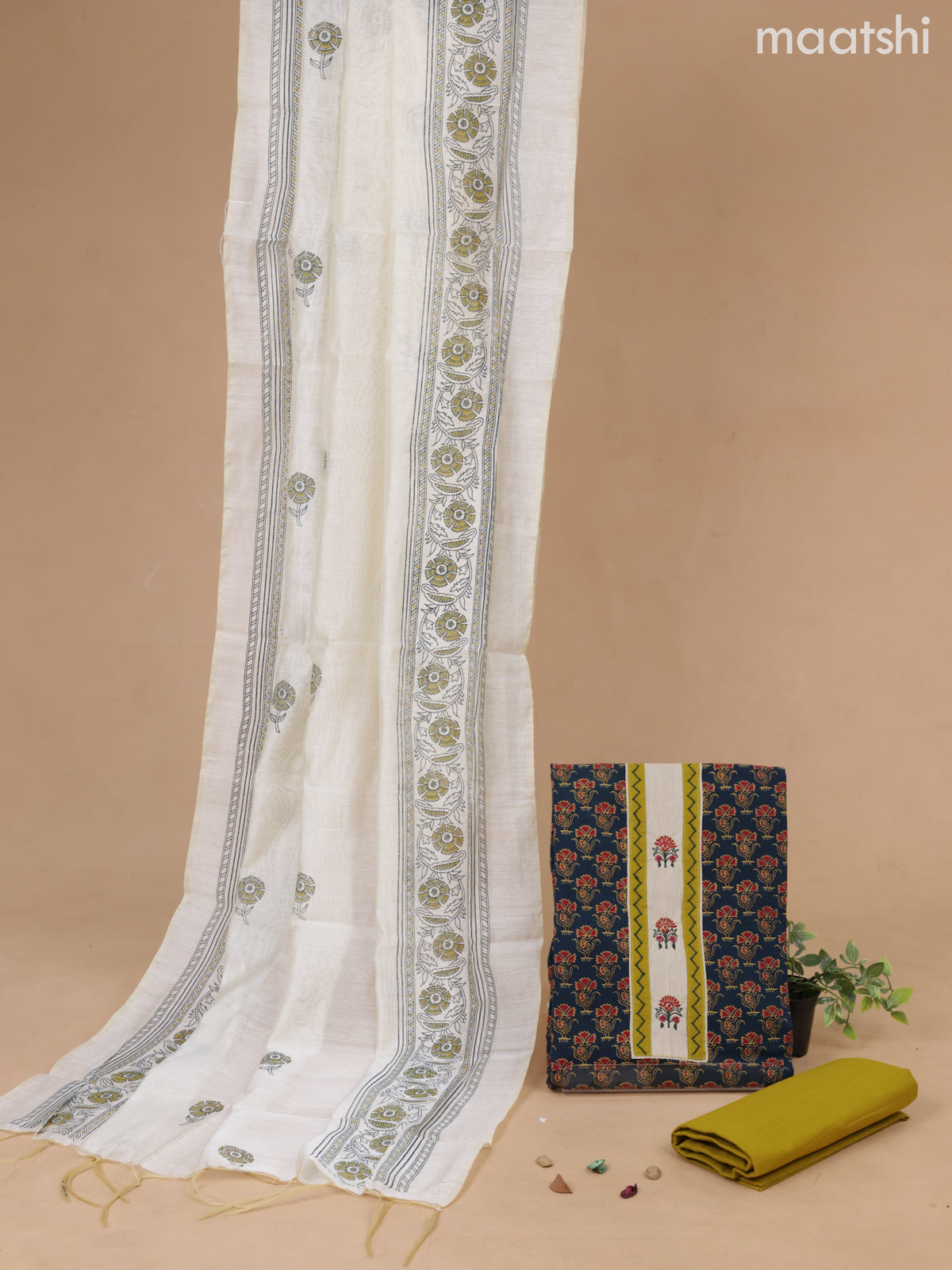 Cotton dress material peacock green and mustard green with floral butta prints & patch work neck pattern and bottom & cotton dupatta