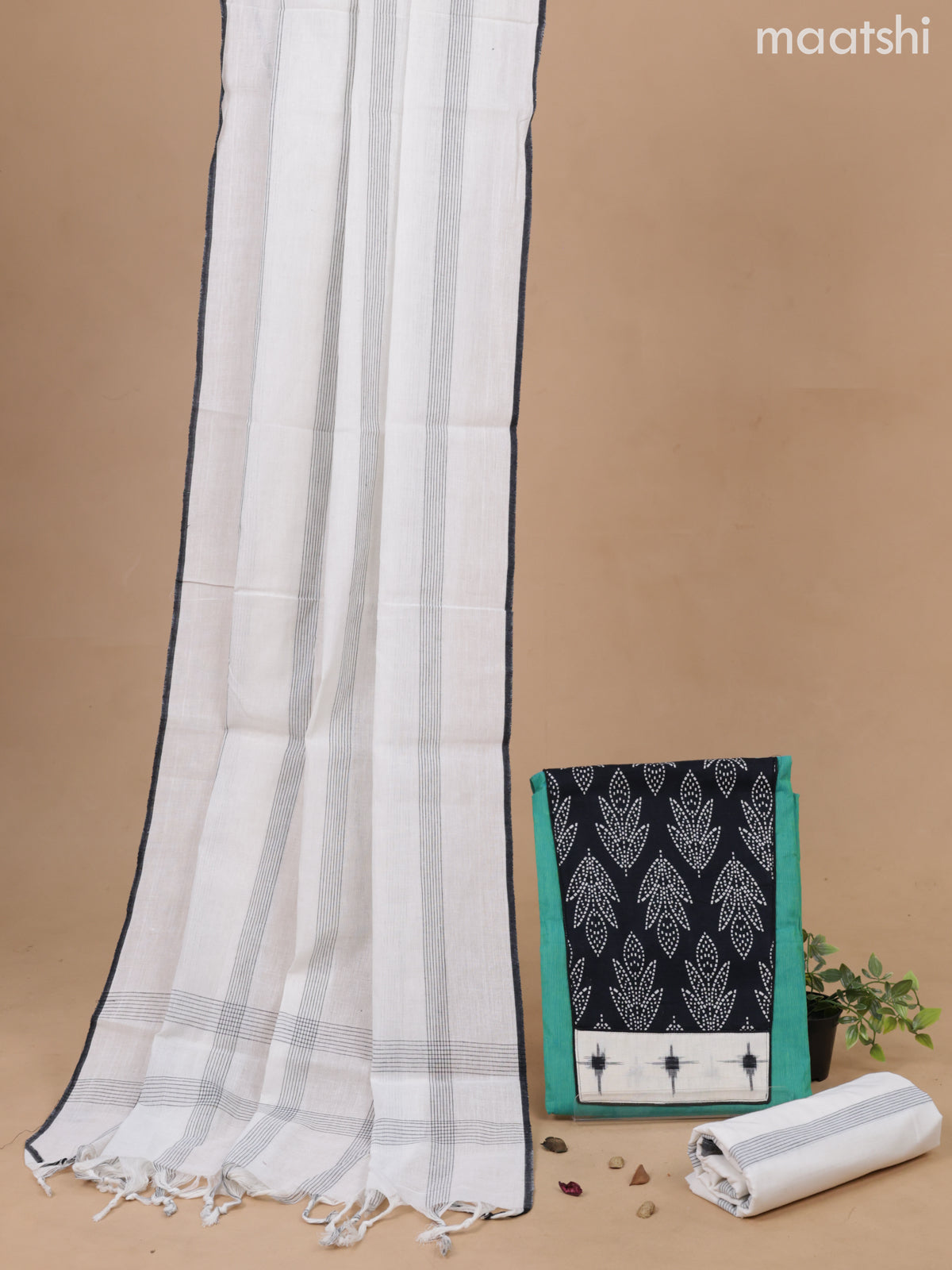 Cotton dress material teal shade and off white with patch work neck pattern and bottom & printed dupatta